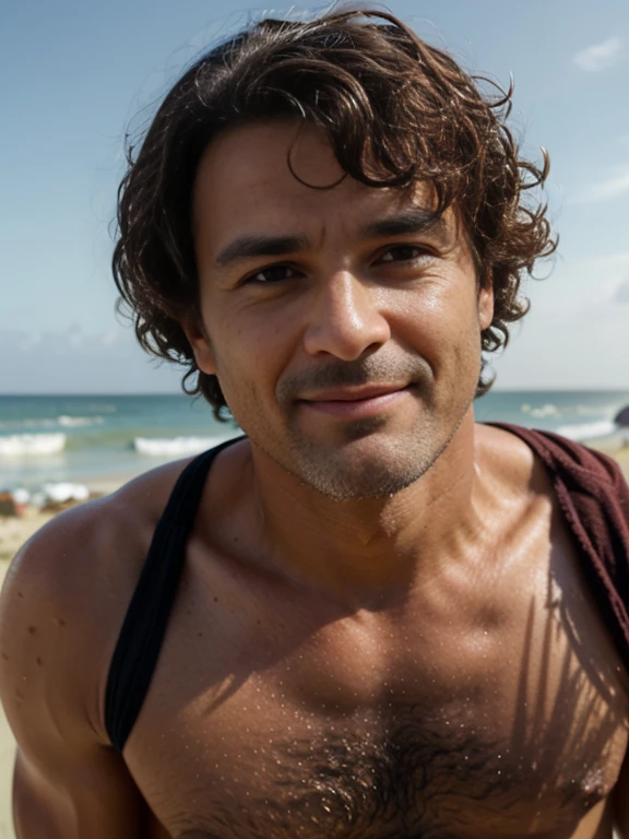 a muscular tanned man, dark hair, Latin nationality, naked, naked, surrounded by ten naked and naked women sea island environment highlighted with sharks
