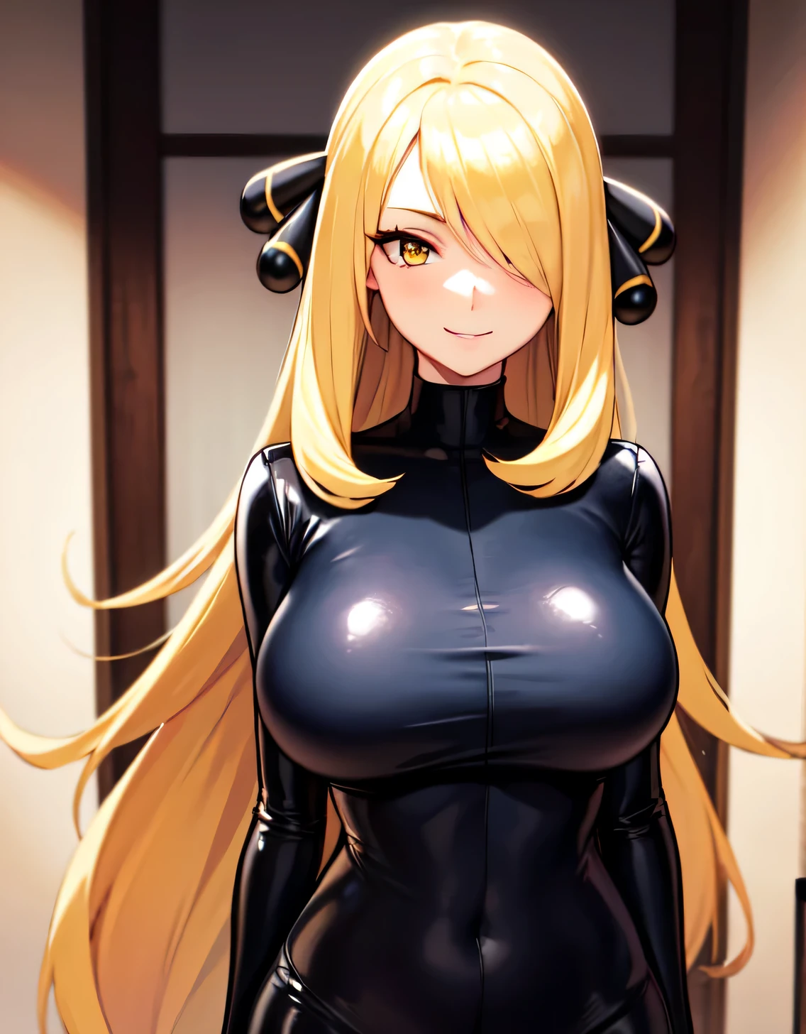 Pokémon Cynthia, Blonde hair, Hair Ornament, Hair over one eye, Long hair, (Yellow eyes:1.5), (Sensitive smile:1.2), (full tight latex bodysuit),Looking at Viewer, (Upper body:1.1),(Look at the front:1.1), indoor hall,((masutepiece)),((Best Quality)), High resolution,8K UHD,(Beautiful detailed eyes:1.5), extra detailed face,ultra-detailliert,Perfect Anatomy,arms behind back,((Solo)),((1 girl)),(Large breasts:1.5),image perfect,Slim waist,