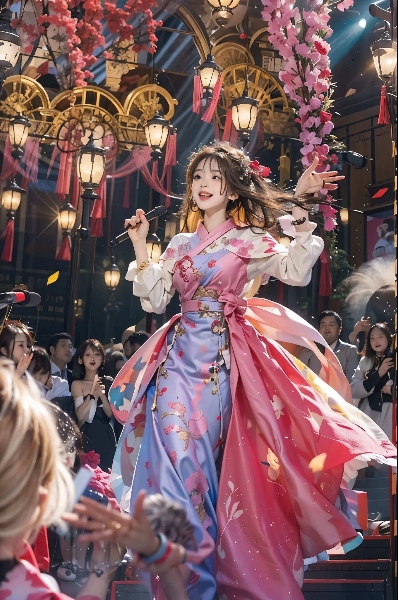 On the stage of the annual "Kohaku Uta Gassen," a 28-year-old brunette with tousled hair stands poised, clutching a microphone. The atmosphere is electric, set in an opulent venue adorned with dazzling lights and vibrant decorations. As she begins to sing, the air is filled with celebration, creating a joyous and festive ambiance. Capture the essence of this moment with vivid descriptions of her performance, the glamorous setting, and the overall jubilant mood.