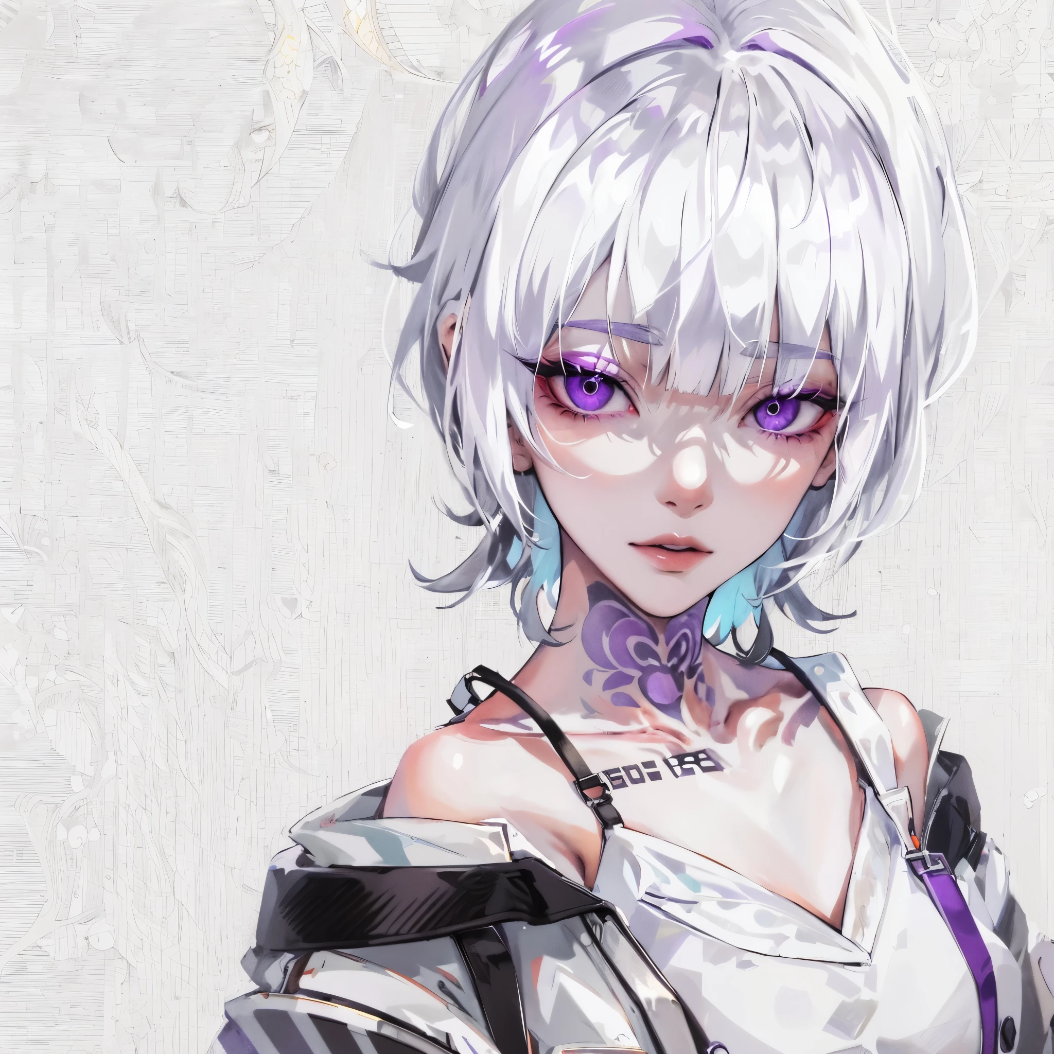 masutepiece, Best Quality, High quality, ultra-detailliert, 1girl in, neck and chest tattoo, very detailed character, White hair, Blunt bangs, Wolfcut, Wolfcut, Bare shoulders, Black inner, White and purple jacket, White background, Looking down, purple gray eyes