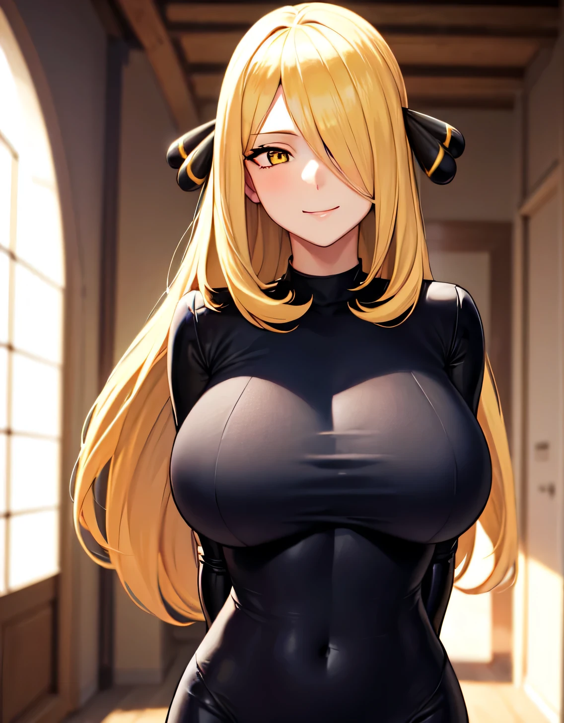 Pokémon Cynthia, Blonde hair, Hair Ornament, Hair over one eye, Long hair, (Yellow eyes:1.5), (Sensitive smile:1.2), (full tight latex bodysuit),Looking at Viewer, (Upper body:1.1),(Look at the front:1.1), indoor hall,((masutepiece)),((Best Quality)), High resolution,8K UHD,(Beautiful detailed eyes:1.5), extra detailed face,ultra-detailliert,Perfect Anatomy,arms behind back,((Solo)),((1 girl)),(Large breasts:1.5),image perfect,Slim waist,