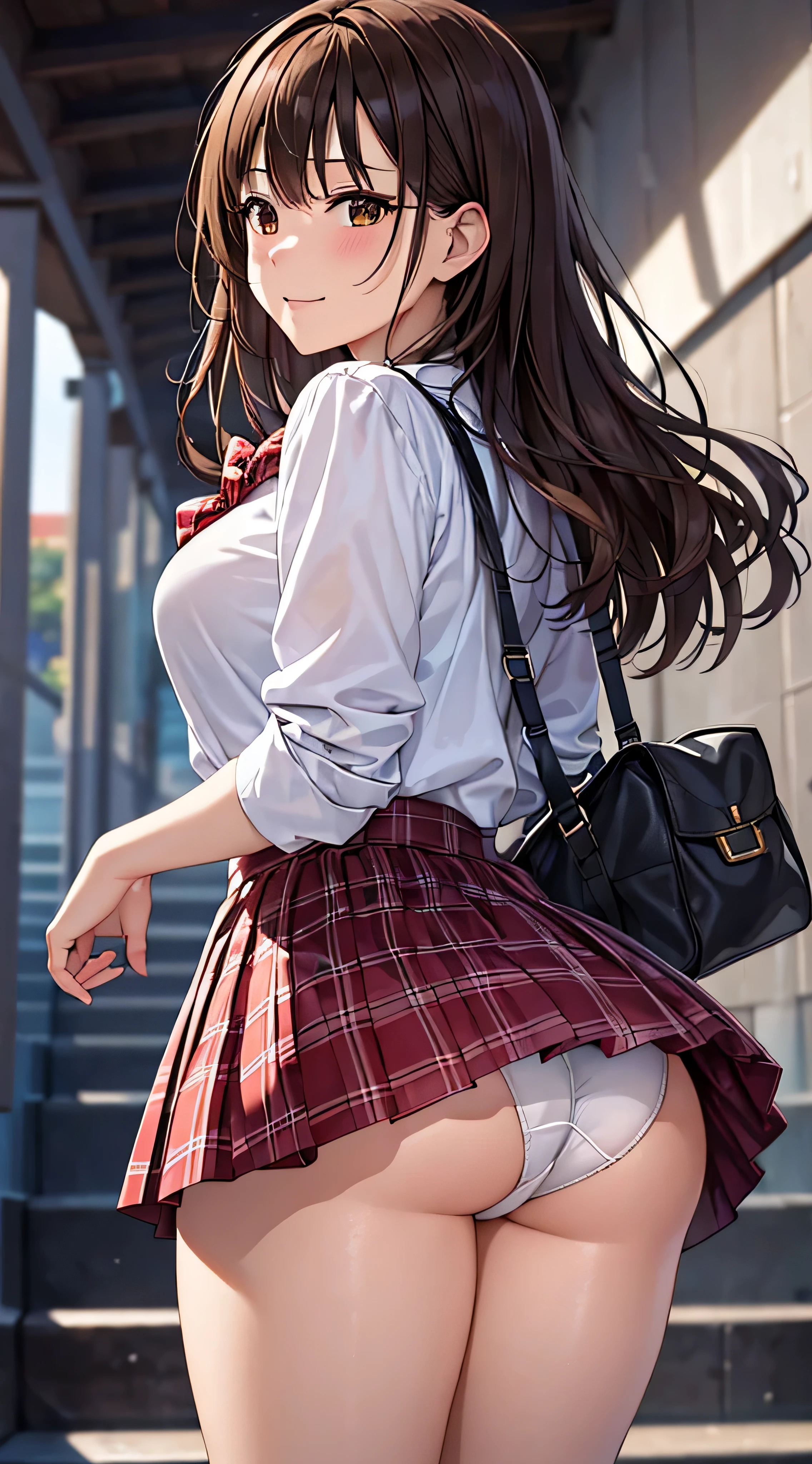 ((masutepiece, Best Quality, hight resolution, nffsw, Perfect Pixel, 4K, nffsw, nffsw))), 1girl in, Single, Solo, Beautie、full body seen、 ((Middle Wave Hair, Bangs, Brown hair)), ((Brown-eyed, Beautiful eyelashes, Realistic eyes)), ((Detailed face, Blushing:1.2)), ((Smooth texture:0.75, Realistic texture:0.65, Photorealistic:1.1, Anime CG style)), medium breasts, Dynamic Angle, Perfect body, ((red bowtie, School uniform, , White shirt, Black skirt, plaid skirts))、train station stairs、Windy、Very embarrassing panic smile、turned around、I can see her ass sticking out in front of me.........、Looking up from the bottom of the stairs、 (The wind pulled up my skirt、Touch the skirt with both hands、、You can see all the buttocks、White floral panties)、