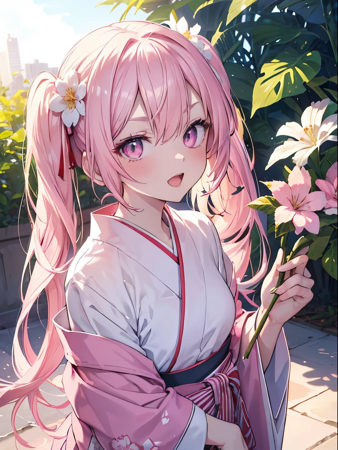 masutepiece, Highest Quality, (Perfect face:1.1), (high detailing:1.1), (ultradetailed eyes), Dramatic,  superfine illustration, Extremely detailed,1girl in, (pale skin), Happy, Laugh, Enjoy, Cheerful,Open mouth,gloweyes,pinkhair, (long twintail),Ethereal eyes, pink eye,(light eyebrow),blush, Solo,Pouty lips,Cinematic lighting,cowboyshot,Looking Up,learning forward,From  above,PINK Kimono,plein air, simple white backgraund,PINK flower,morning,sunny