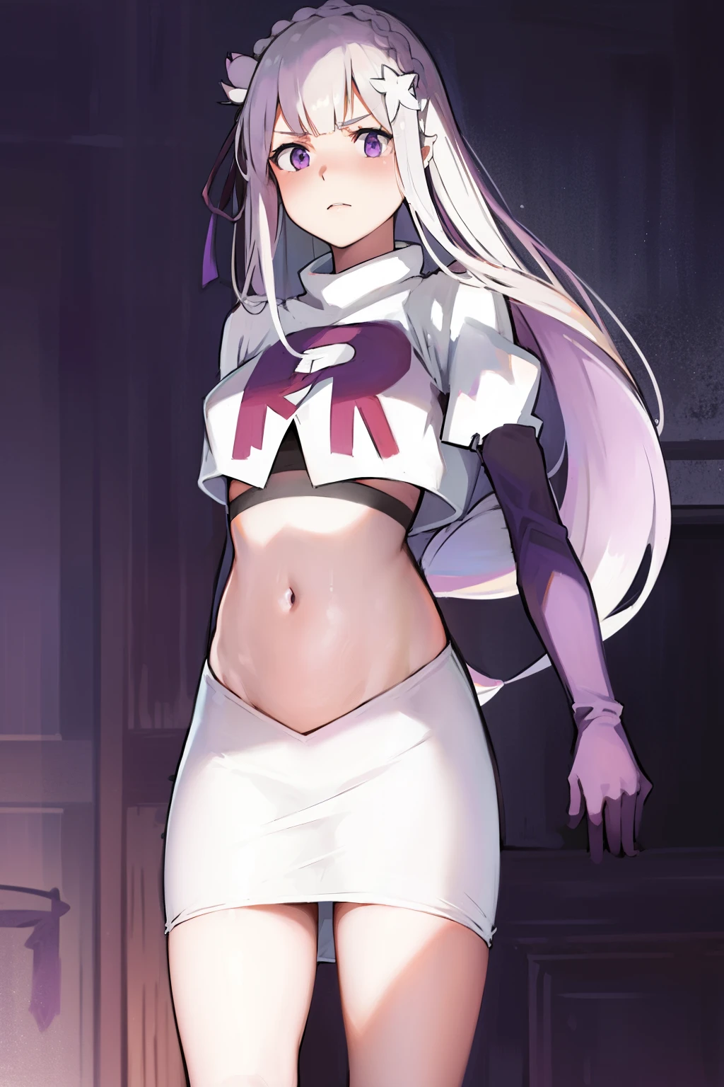 rezeroemilia, emilia, braid, crown braid, flower, hair flower, hair ornament, hair ribbon, long hair, low-tied long hair, (purple eyes:1.2), pointy ears, white flower, x hair ornament,team rocket,team rocket uniform, red letter R, white skirt,crop top,black thigh-high boots,black elbow gloves,