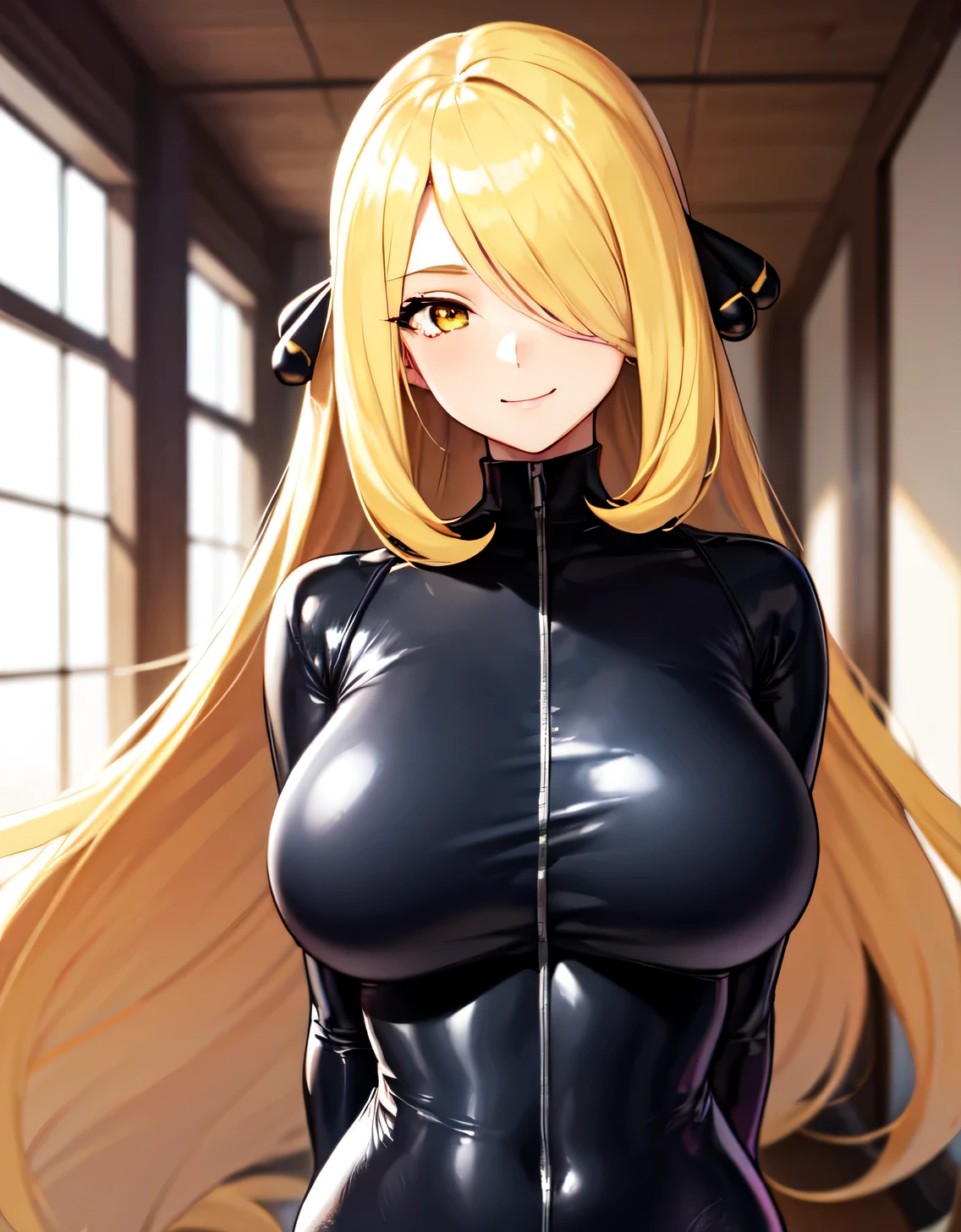 Pokémon Cynthia, Blonde hair, Hair Ornament, Hair over one eye, Long hair, (Yellow eyes:1.5), (Sensitive smile:1.2), (full tight latex bodysuit),Looking at Viewer, (Upper body:1.1),(Look at the front:1.1), indoor hall,((masutepiece)),((Best Quality)), High resolution,8K UHD,(Beautiful detailed eyes:1.5), extra detailed face,ultra-detailliert,Perfect Anatomy,arms behind back,((Solo)),((1 girl)),(Large breasts:1.5),image perfect,Slim waist,