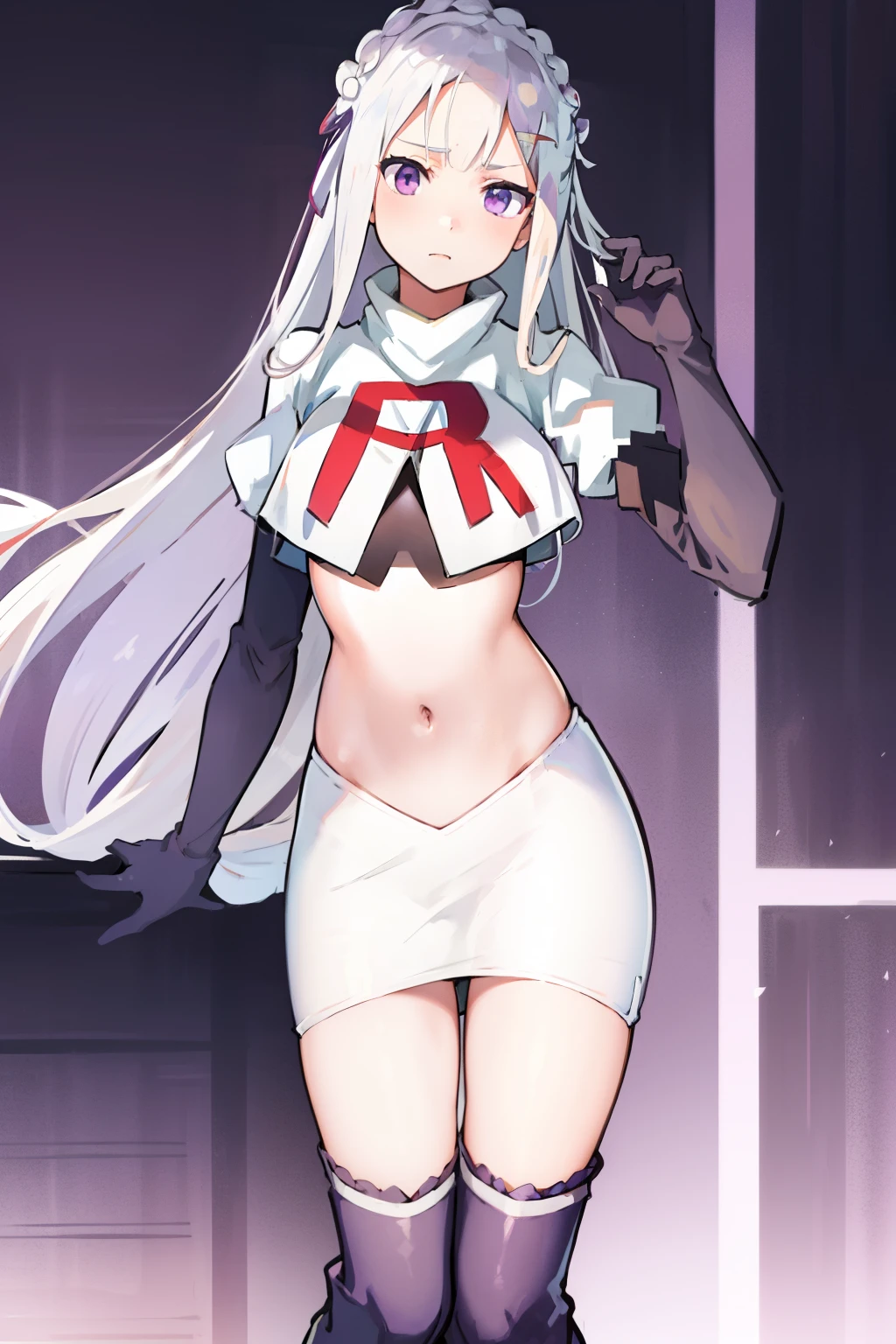 rezeroemilia, emilia, braid, crown braid, flower, hair flower, hair ornament, hair ribbon, long hair, low-tied long hair, (purple eyes:1.2), pointy ears, white flower, x hair ornament,team rocket,team rocket uniform, red letter R, white skirt,crop top,black thigh-high boots,black elbow gloves,