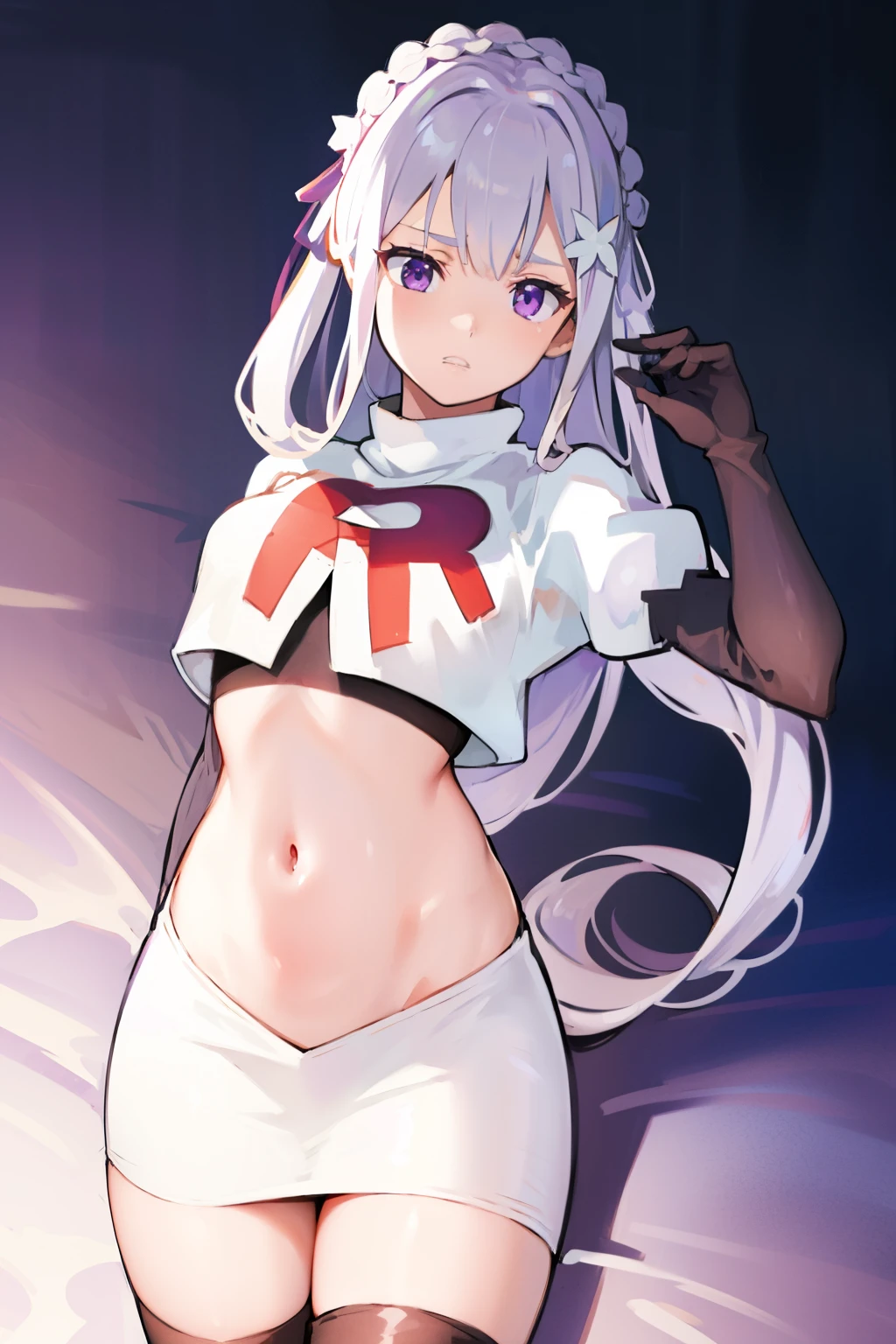 rezeroemilia, emilia, braid, crown braid, flower, hair flower, hair ornament, hair ribbon, long hair, low-tied long hair, (purple eyes:1.2), pointy ears, white flower, x hair ornament,team rocket,team rocket uniform, red letter R, white skirt,crop top,black thigh-high boots,black elbow gloves,