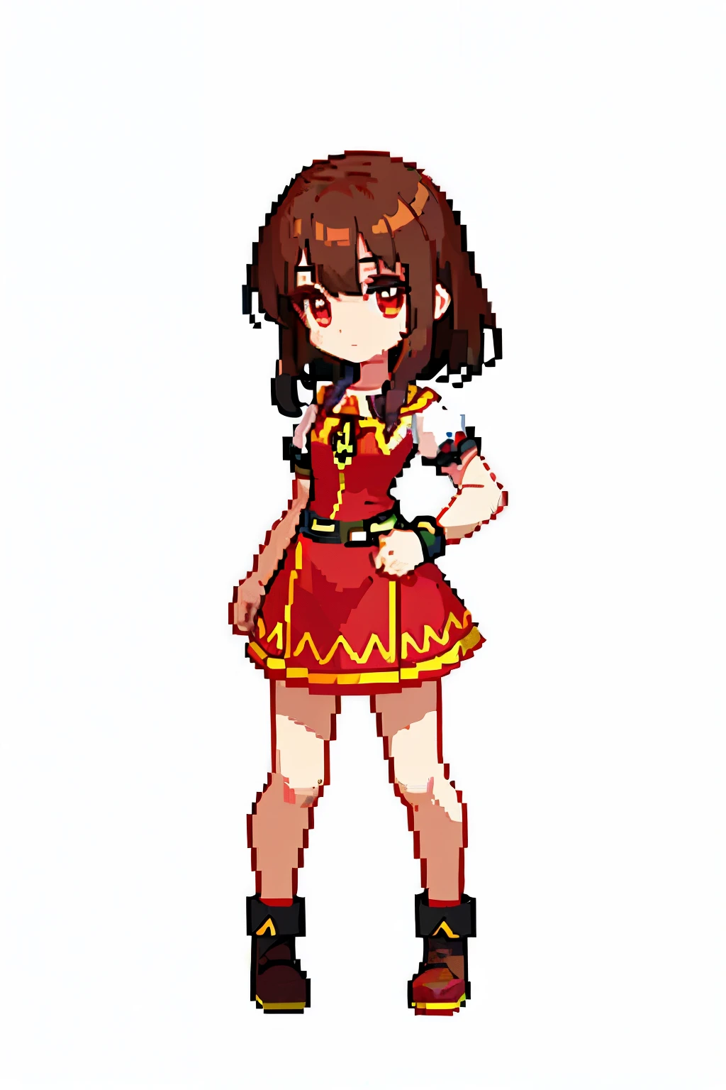 (obra prima、qualidade superior、qualidade superior)、Pixels、Pixel Art、1 menina (Megumin) corpo inteiro、Vestido vermelho,(coxa),fenda longa,red eyes, cabelos curtos, cabelos castanhos, fundo de floresta, Sakura