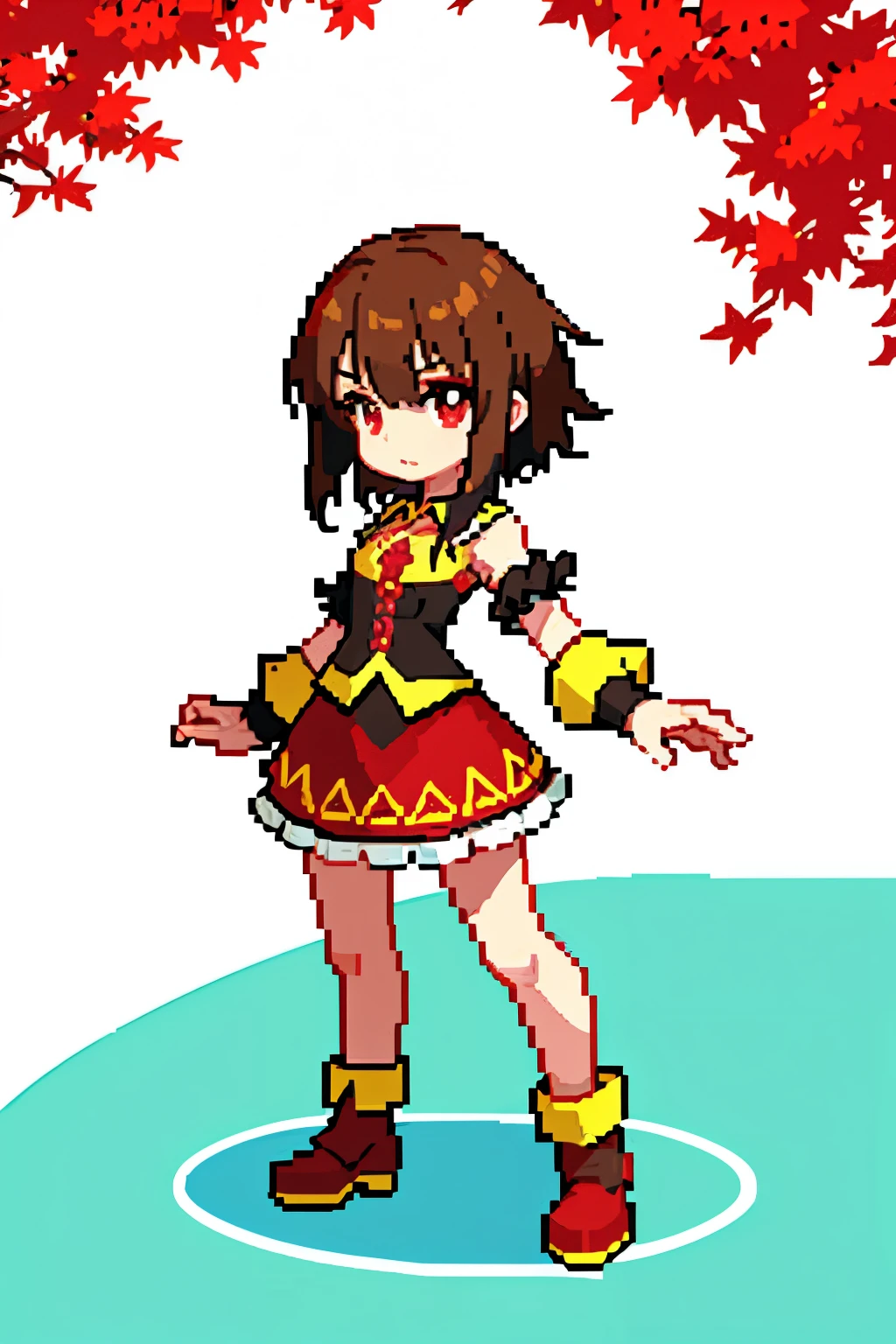 (obra prima、qualidade superior、qualidade superior)、Pixels、Pixel Art、1 menina (Megumin) corpo inteiro、Vestido vermelho,(coxa),fenda longa,red eyes, cabelos curtos, cabelos castanhos, fundo de floresta, Sakura