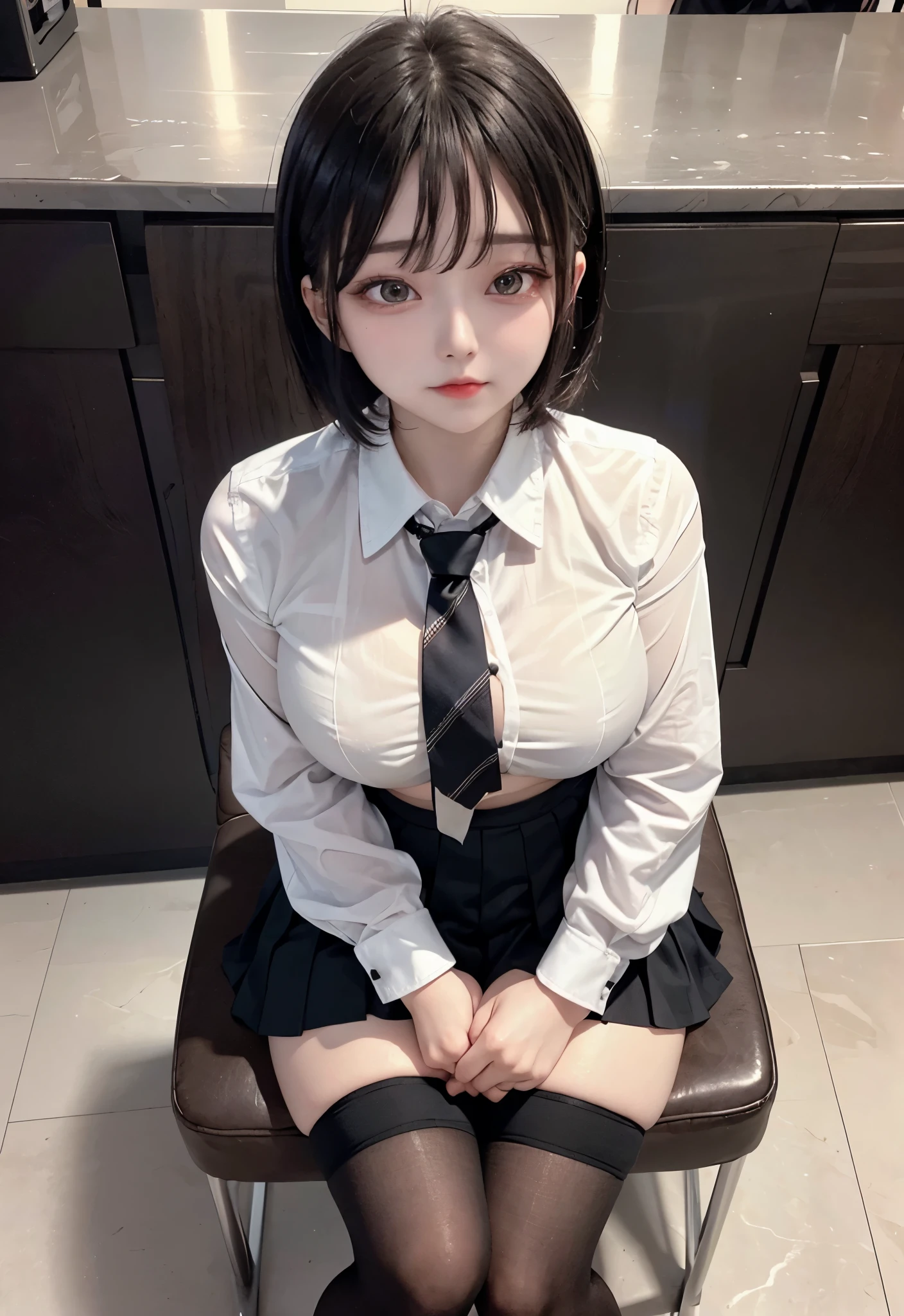 the Extremely Detailed CG Unity 8K Wallpapers,top-quality,ultra-detailliert,​,realisitic,Photo Real,Bright lighting,extremely detailed cute girl,,Innocent big eyes,A detailed eye,(Shorthair with black hair)),flawless skin,shinny skin,fair white skin,Fine skin,large full breasts,((perfect anatomia,nice hand,perfect hand,Five fingers connected to the palm of the hand,accurate hands without incongruity))、(office))、(black thighhighs:1.5))、((Thrust your hands forward)))、((High school girl&#39;s shirt and tie,secretary skirt:1.5))、((black tight skirts))、((Put your hands on your thighs))、((huge-breasted:1.5))、Little devil smile,(Small face:1.4),full body,,(),(Angle from above:1.5),(Sit on a chair and cross your legs)