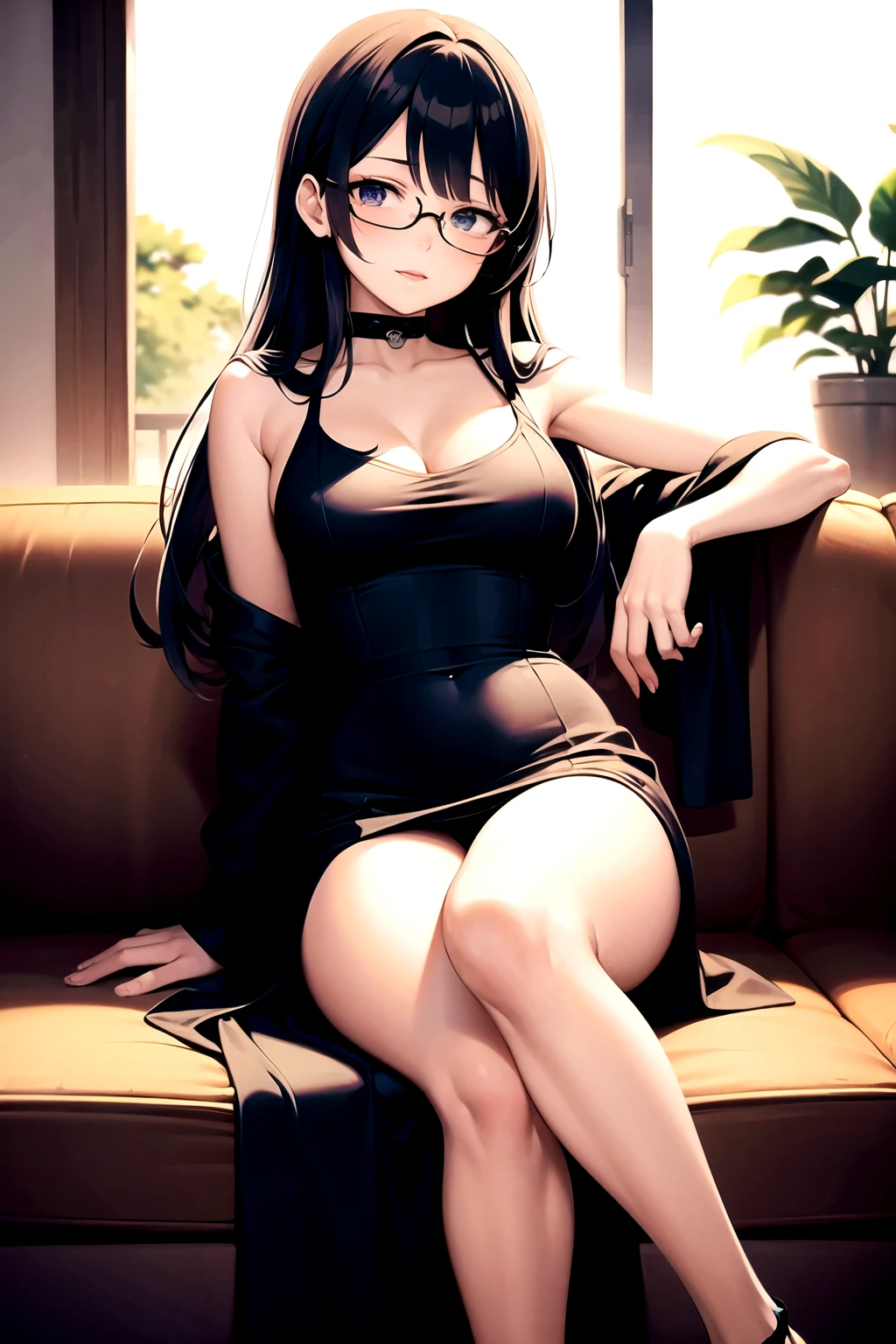 anime girl with glasses sitting on a couch with her arm on her head, an anime drawing inspired by Kusumi Morikage, pixiv, shin hanga, anya from spy x family, seductive anime girl, anime visual of a young woman, misato katsuragi, kotegawa yui, anime girl wearing a black dress, hinata hyuga