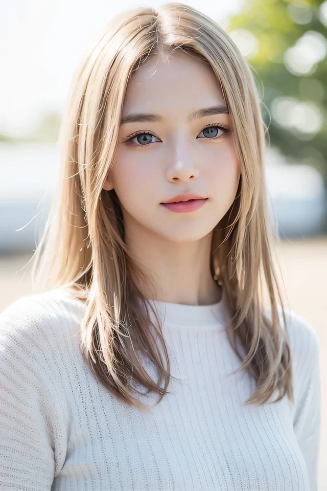 15Caucasian model at the age, Full-body image,((Clean clothes)), white clothes, Skin Color, Pretty Caucasian Woman, White hair, A smile, (8K, Raw photography, top-quality, masterpiece: 1.2), masterpiece, Super Detail, 超A high resolution, (Realistic and realistic photos: 1.37), high-definition RAW color photography, extremely delicate and beautiful, 非常にdetaileds, 8K Wallpaper, astonishing, detaileds, 非常にdetailedsな目, 非常にdetailedsな肌, 非常にdetailedsな指, h非常にdetaileds nose, 非常にdetailedsな口, perfect anatomia, The upper part of the body, , Sheer feeling、Transparency、Wearing a white sweater、, white hair, Blue eyes, masterpiece, realistic skin textures, 超detaileds, shiny hair and white skin, 、 beautifully dressed body、Juvenile impression、The upper part of the body、Blue eyes、、she looks like a white woman、Innocent face、gentle and big eyes、natural skin textures