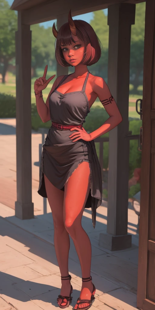 SFW, Female Full body standing straight symmetrical, looking to the viewer, hands on hips, peace sign, A woman，short detailed hair，ember，white backgrounid，Masterpiece, Best quality, Beautiful, Visually stunning, elegant, incredibily detailed, Award-winning art, 0n1, Red skin, oni horns, their, Red them, Colored skin, metal sandals