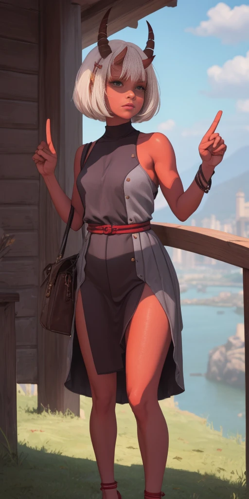 SFW, Female Full body standing straight symmetrical, looking to the viewer, hands on hips, peace sign, A woman，short detailed hair，ember，white backgrounid，Masterpiece, Best quality, Beautiful, Visually stunning, elegant, incredibily detailed, Award-winning art, 0n1, Red skin, oni horns, their, Red them, Colored skin, metal sandals