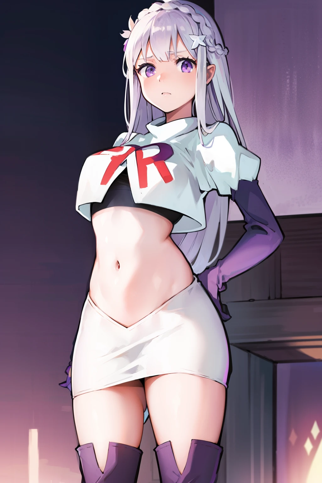 rezeroemilia, emilia, braid, crown braid, flower, hair flower, hair ornament, hair ribbon, long hair, low-tied long hair, (purple eyes:1.2), pointy ears, white flower, x hair ornament,team rocket,team rocket uniform, red letter R, white skirt,crop top,black thigh-high boots,black elbow gloves,