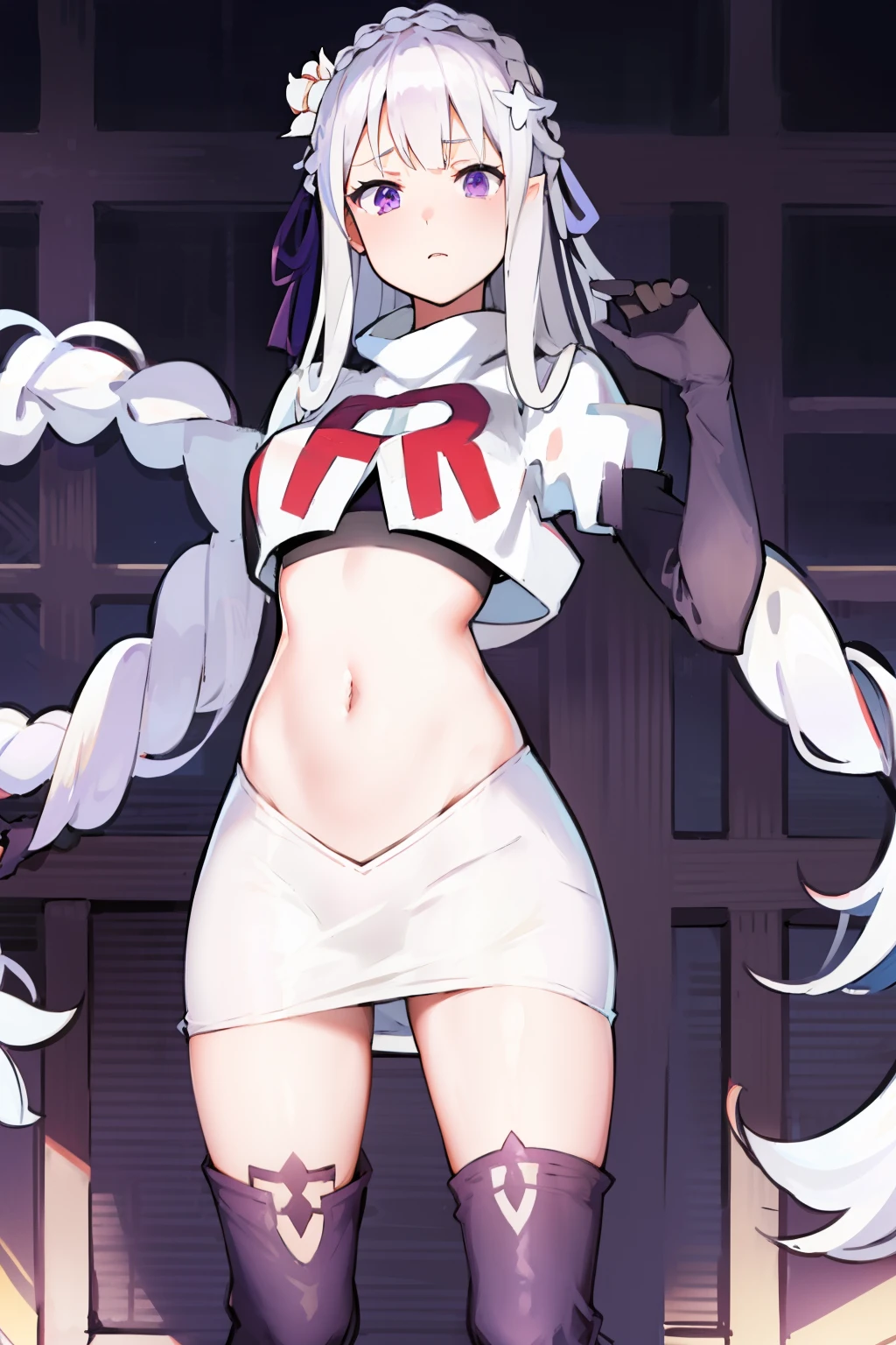 rezeroemilia, emilia, braid, crown braid, flower, hair flower, hair ornament, hair ribbon, long hair, low-tied long hair, (purple eyes:1.2), pointy ears, white flower, x hair ornament,team rocket,team rocket uniform, red letter R, white skirt,crop top,black thigh-high boots,black elbow gloves,