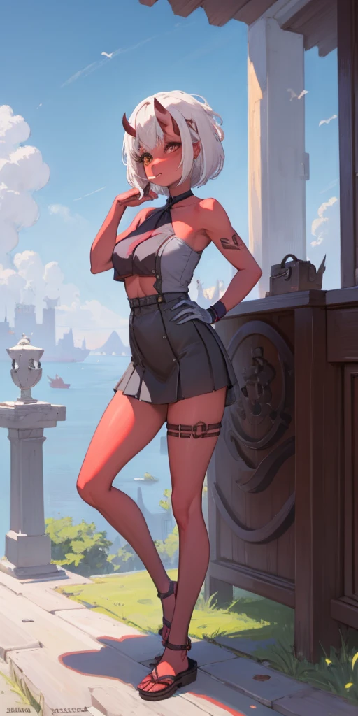 SFW, Female Full body standing straight symmetrical, looking to the viewer, hands on hips, peace sign, A woman，short detailed hair，ember，white backgrounid，Masterpiece, Best quality, Beautiful, Visually stunning, elegant, incredibily detailed, Award-winning art, 0n1, Red skin, oni horns, their, Red them, Colored skin, metal sandals