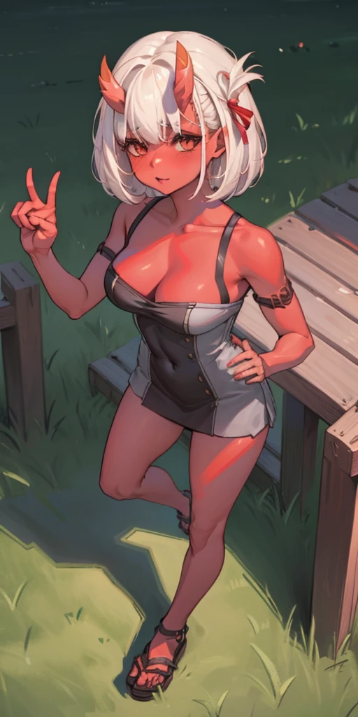SFW, Female Full body standing straight symmetrical, looking to the viewer, hands on hips, peace sign, A woman,short detailed hair,ember,white backgrounid,Masterpiece, Best quality, Beautiful, Visually stunning, elegant, incredibily detailed, Award-winning art, 0n1, Red skin, oni horns, their, Red them, Colored skin, metal sandals