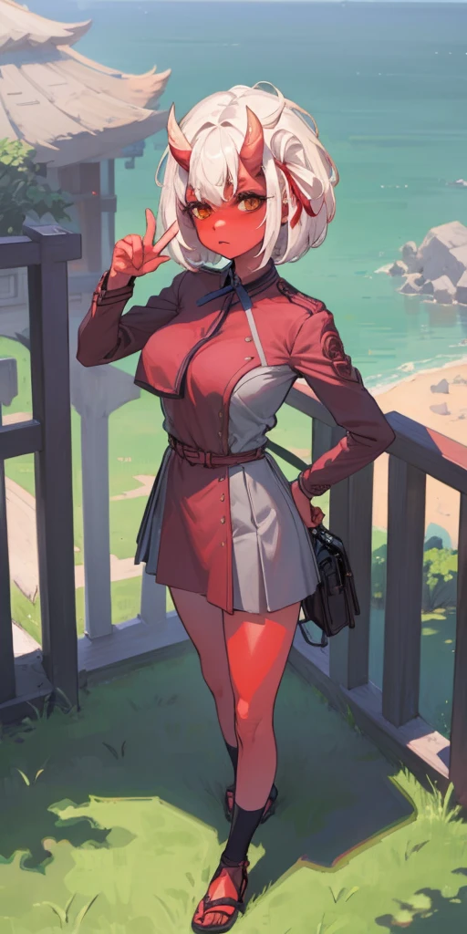 SFW, Female Full body standing straight symmetrical, looking to the viewer, hands on hips, peace sign, A woman，short detailed hair，ember，white backgrounid，Masterpiece, Best quality, Beautiful, Visually stunning, elegant, incredibily detailed, Award-winning art, 0n1, Red skin, oni horns, their, Red them, Colored skin, metal sandals