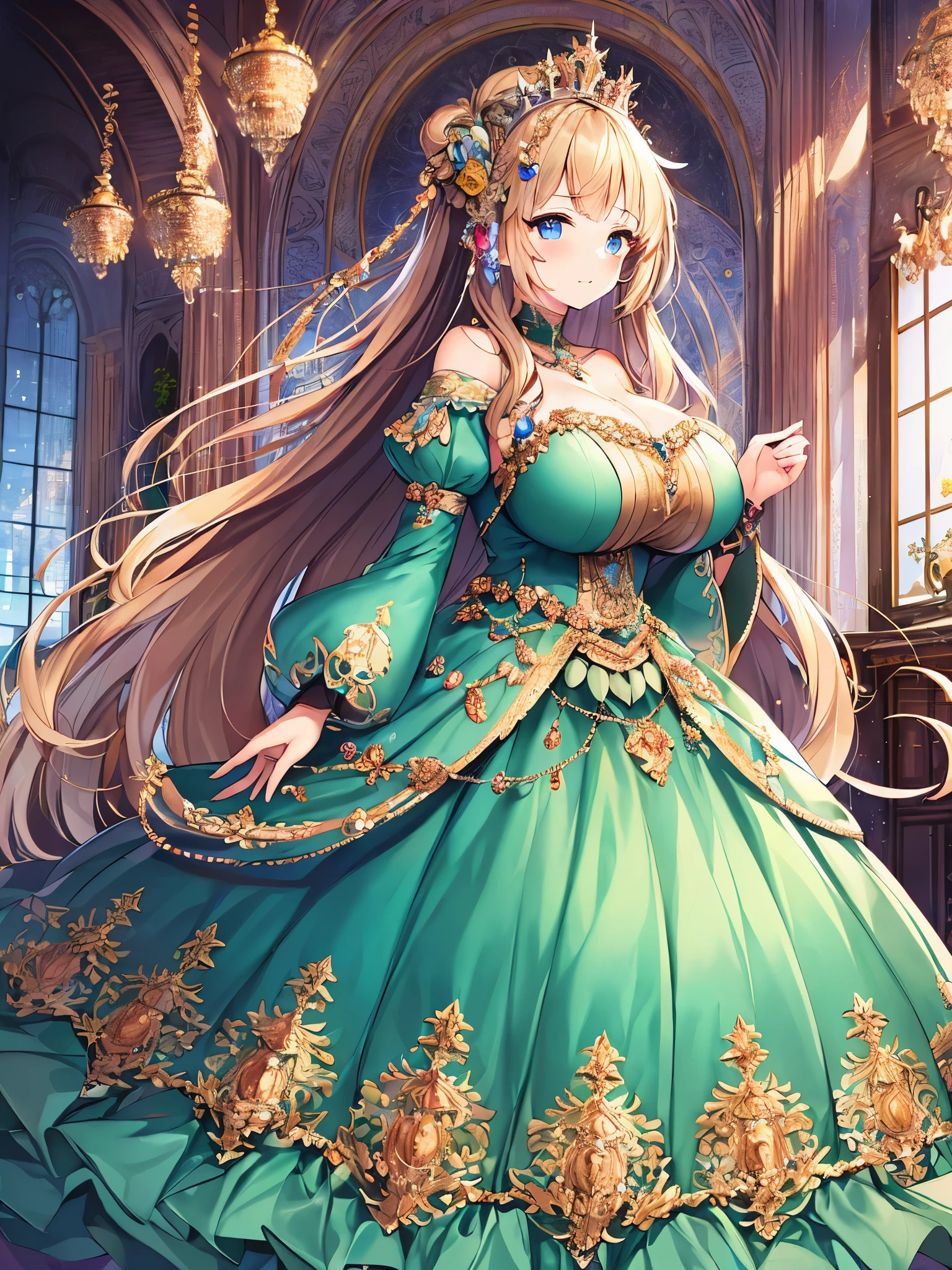 (anime artstyle),Masterpiece,Best Quality,Super Detail,((Very Delicate and Beautiful)),(((Solo))),((full body)),(((1 princess in gorgeous princess rococo ball gown with voluminous hoop skirt))),crinoline,Long train,(bling-bling),((gorgeous rococo ballgown with beautiful embroidery and jeweled)),gorgeous rococo ballgown with many ruffles,gorgeous rococo ballgown with big bows,gorgeous rococo ballgown with beautiful embroidery and jeweled, gorgeous rococo ballgown with big bows,(((very gigantic boobs))),(Skindentation,cleavage),(gorgeousfull embroidery and lace),detailed face and eyes,jewel-like eyes,((extremely voluminous straight Hair,Very Long Straight Hair)),gorgeousfull hair ornament,(gorgeousfull jeweled tiara),(Dynamic Angle),Looking at viewer,((gorgeous princess rococo ball gown with voluminous hoop skirt)),full body