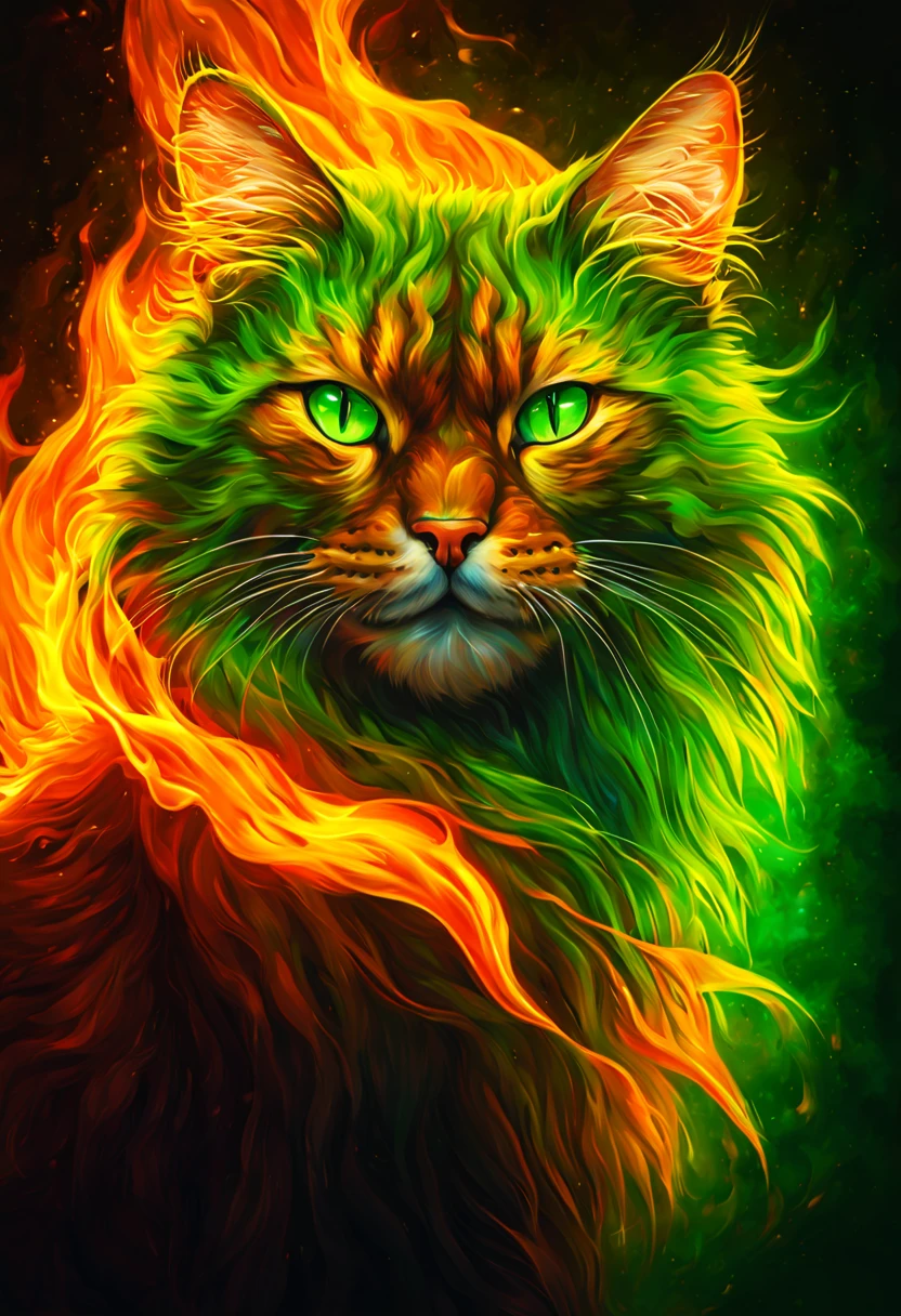 fire cat, illustrated painting, vibrant colors, intense lighting, detailed fiery fur, piercing green eyes, fierce expression, dynamic pose, mystical background, high resolution, vivid flames, fantasy style, warm color tones