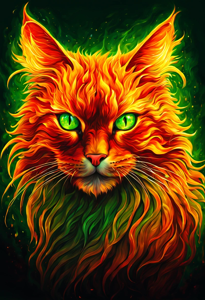 fire cat, illustrated painting, vibrant colors, intense lighting, detailed fiery fur, piercing green eyes, fierce expression, dynamic pose, mystical background, high resolution, vivid flames, fantasy style, warm color tones