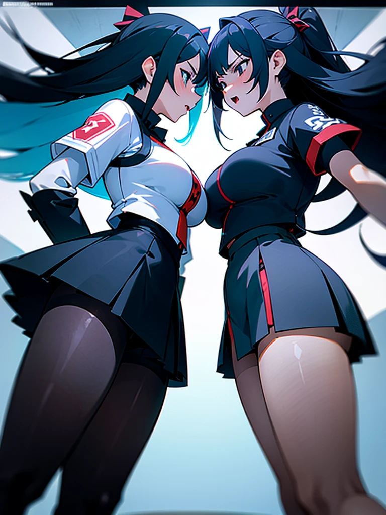 two girls with big boobs pressing their boobs against each other, short skirt and pantyhose, angry at each other, facing each other, view from below