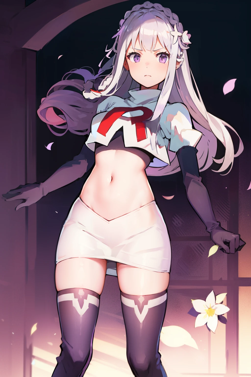 rezeroemilia, emilia, braid, crown braid, flower, hair flower, hair ornament, hair ribbon, long hair, low-tied long hair, (purple eyes:1.2), pointy ears, white flower, x hair ornament,team rocket,team rocket uniform, red letter R, white skirt,crop top,black thigh-high boots,black elbow gloves,