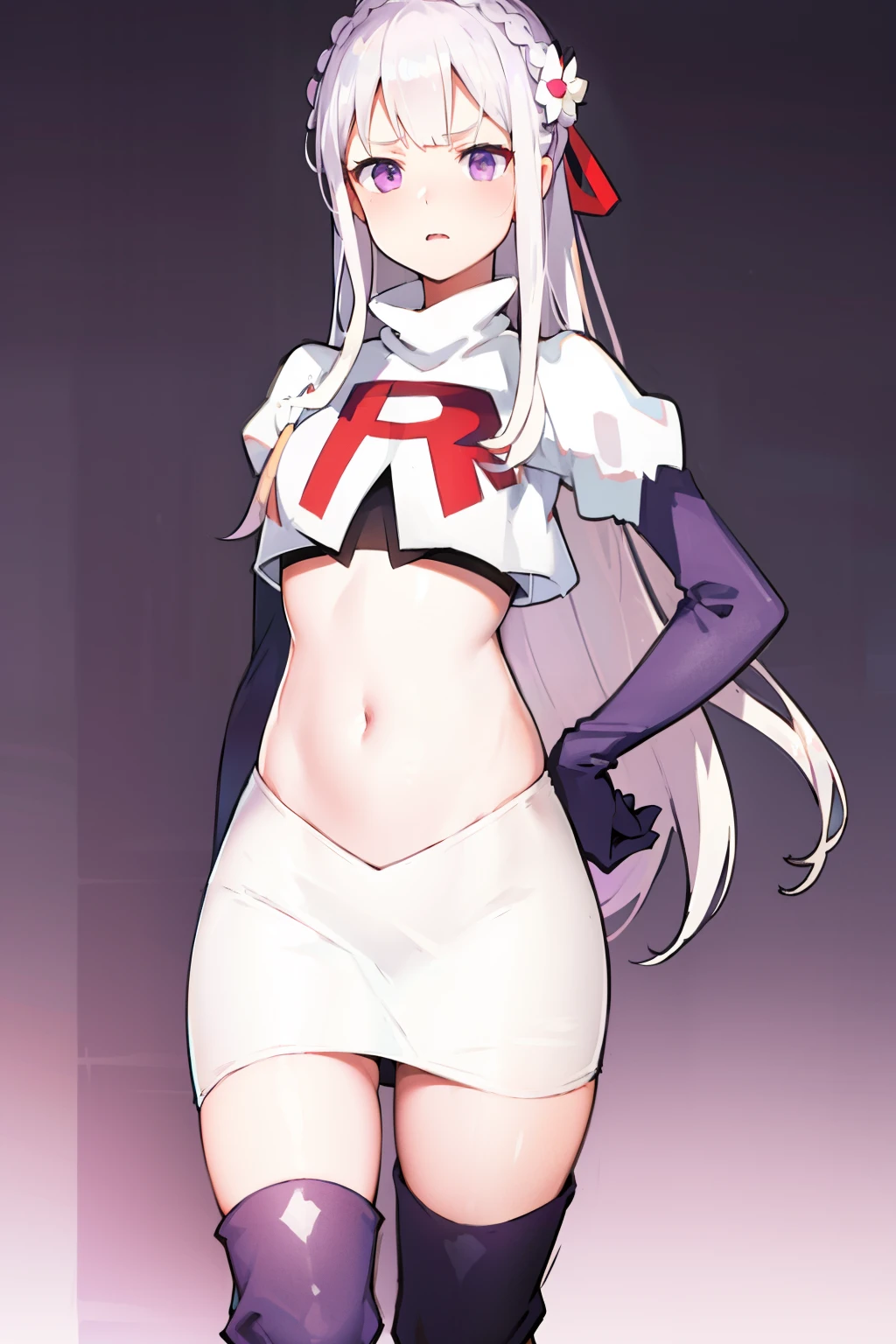 rezeroemilia, emilia, braid, crown braid, flower, hair flower, hair ornament, hair ribbon, long hair, low-tied long hair, (purple eyes:1.2), pointy ears, white flower, x hair ornament,team rocket,team rocket uniform, red letter R, white skirt,crop top,black thigh-high boots,black elbow gloves,