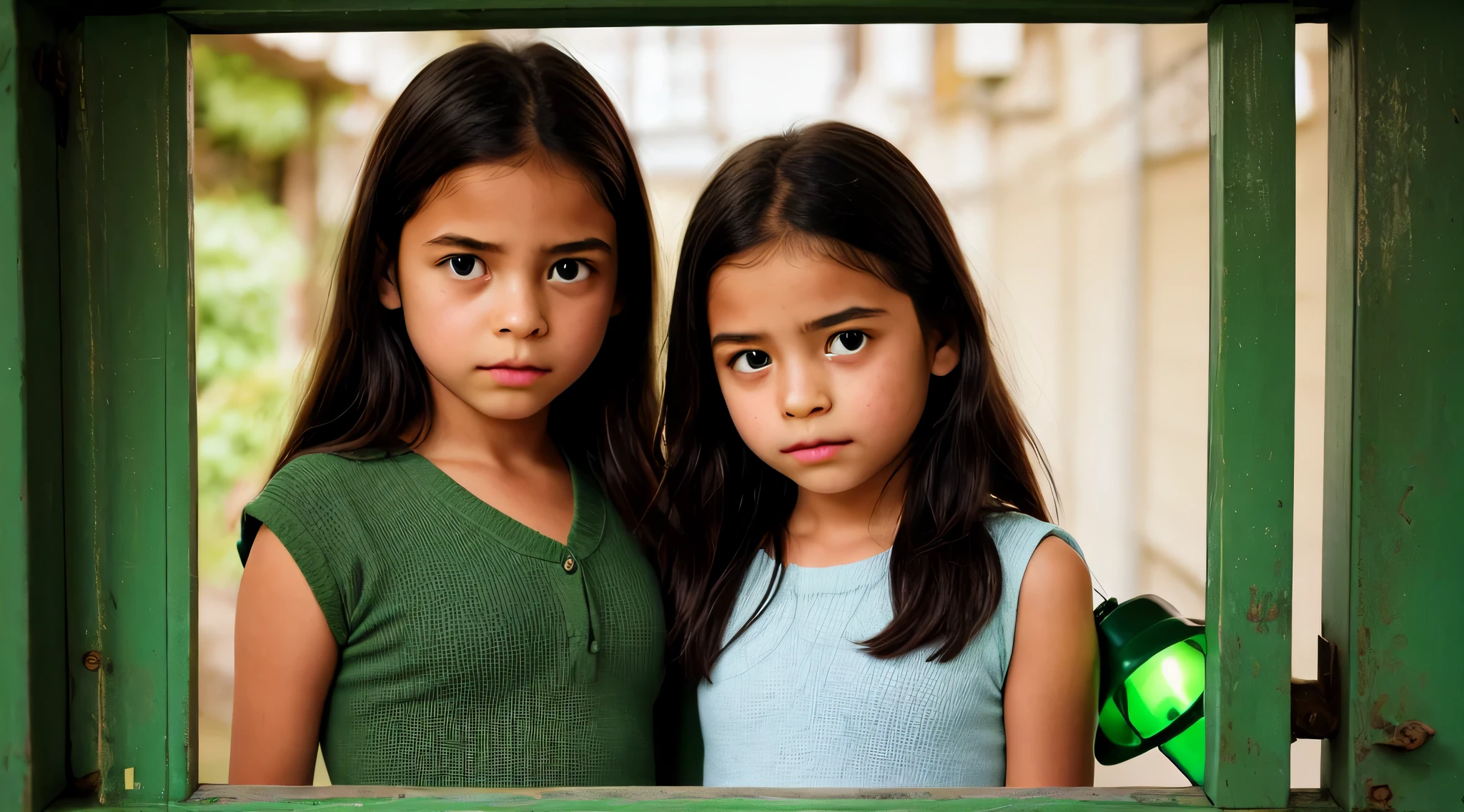 there are two girls kids  who are holding a green lamp, olhos verdes sobrenaturais, foto do cartaz, brilho verde,