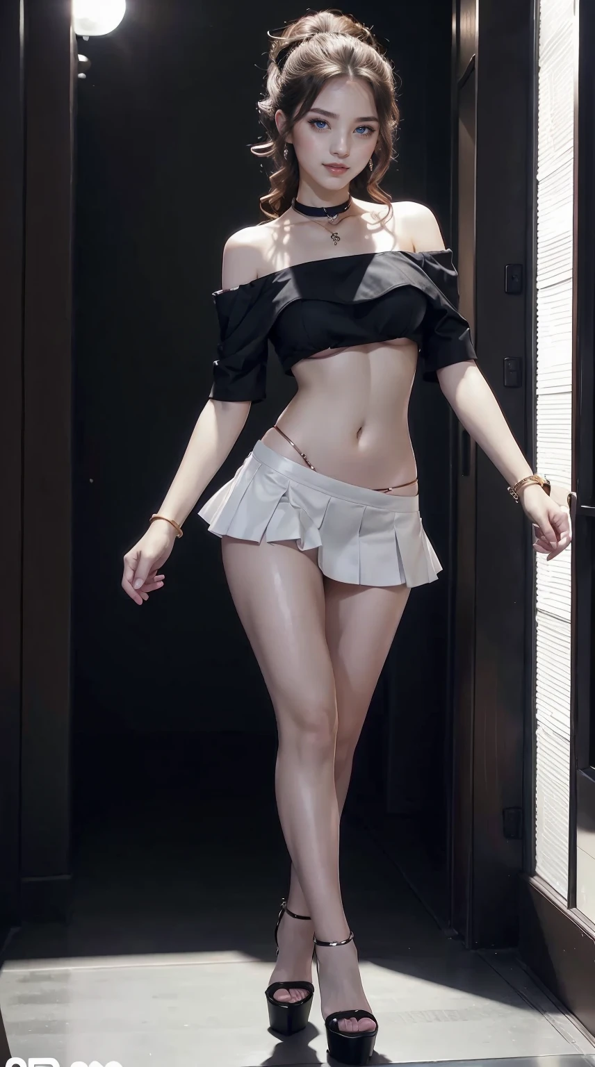 25-year-old Caucasian woman、bionde、blue eyess、Longhaire、My hair is wavy、I'm wearing eyeshadow and lipstick、accessories on the wrist、wearing a choker、Shiny skin、setting hair、a smile、slim muscular body、I don't want my head to disappear from the screen.、I'm wearing high heels、Wearing an off-shoulder top with lace、Abs are cracked、I can see the belly button、I'm wearing a mini-length pleated skirt、I'm wearing high heels、Walking down the fashion show runway