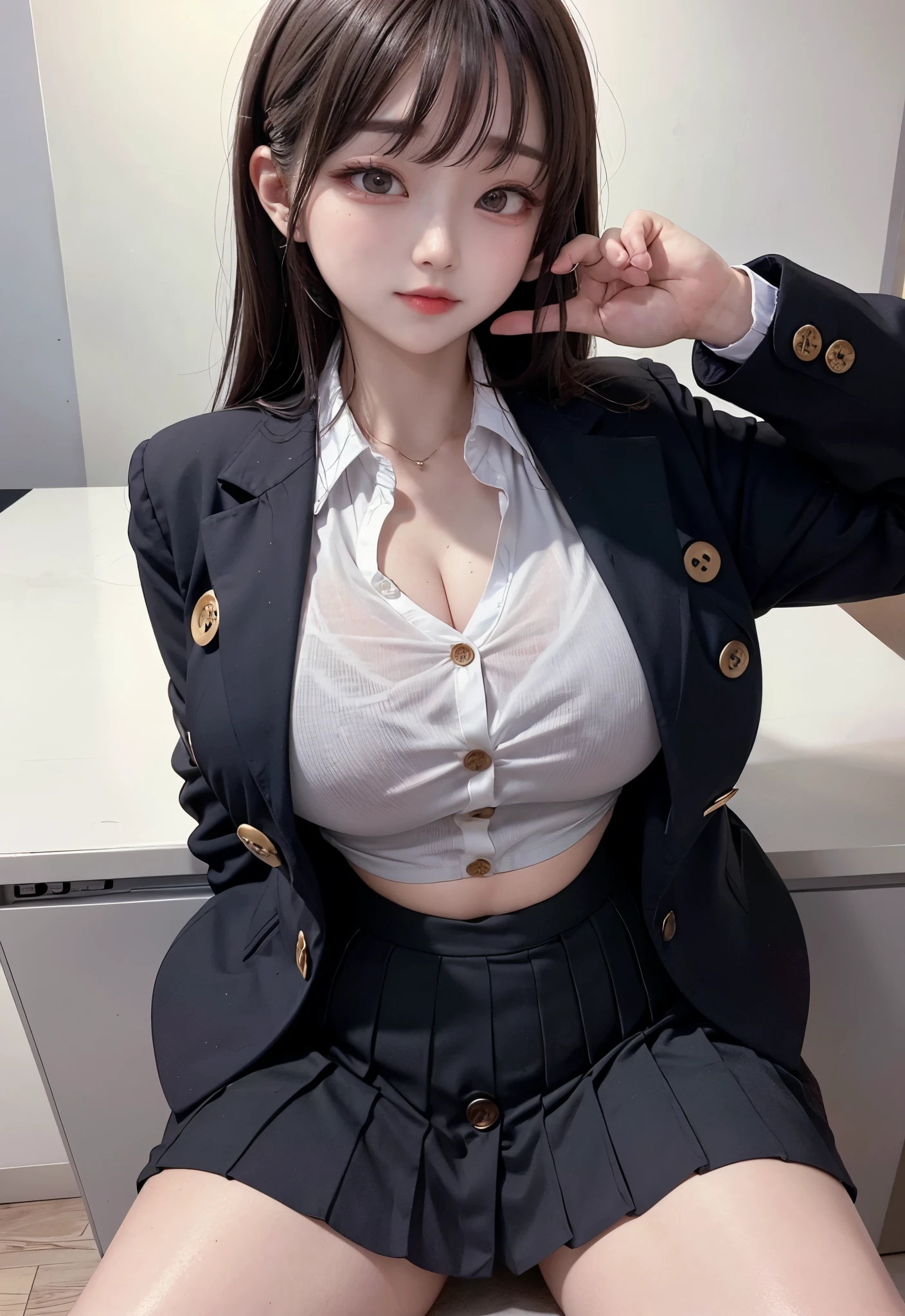 the Extremely Detailed CG Unity 8K Wallpapers,top-quality,ultra-detailliert,​masterpiece,realisitic,Photo Real,Bright lighting,extremely detailed cute girl,17 age,Innocent big eyes,A detailed eye,(Shorthair with black hair)),flawless skin,shinny skin,fair white skin,Fine skin,large full breasts,((perfect anatomia,nice hand,perfect hand,Five fingers connected to the palm of the hand,accurate hands without incongruity))、(office))、())、(()))、((suit jacket,secretary skirt:1.5))、((Black High Socks))、((I button all the buttons on my shirt:1.7))、((huge-breasted:1.5))、Little devil smile,a small face,full body,,(),(Angle from above:1.5),(Sit at your desk)