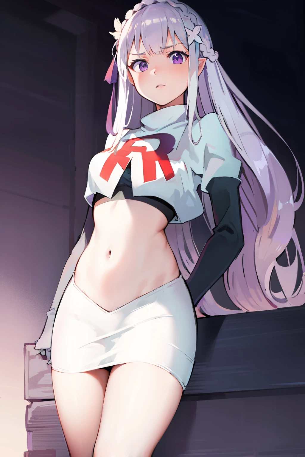 defCamilla, tiara, ,earrings ,lipstick, eye shadow, heavy makeup ,team rocket uniform, red letter R, white skirt,white crop top,black thigh-high boots, black elbow gloves, smile, looking down on viewer, sitting ,crossed legged, night sky background