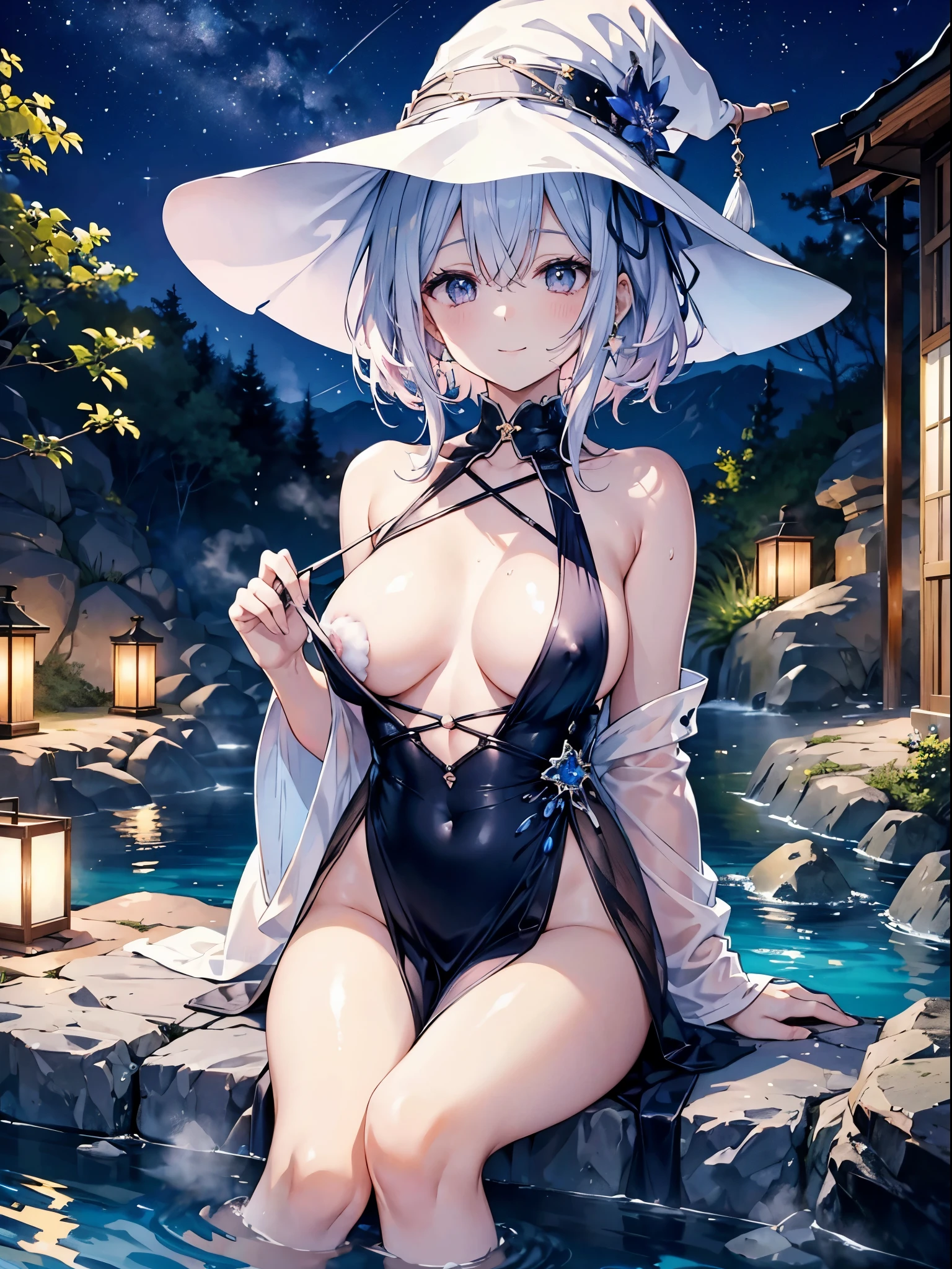 This is a high-class hot spring in a tourist destination in Japan.、Beautiful rock open-air bath、It's night now、the stars are beautiful、Woman wearing a large black witch hat with sapphire accessories、A woman relaxing in a hot spring、barechested、Short, pure white loose lob hair、small tits、Outstanding smile、pink nipples、shaggy public hair. under hair. I can see pubic hair、