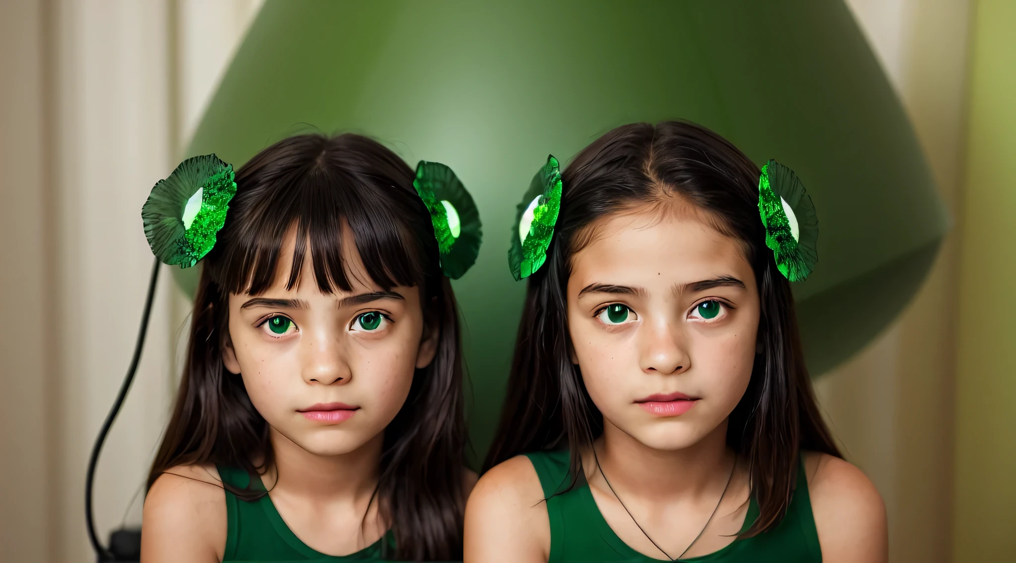 there are two girls kids who are holding a green lamp, olhos verdes sobrenaturais, foto do cartaz, brilho verde,