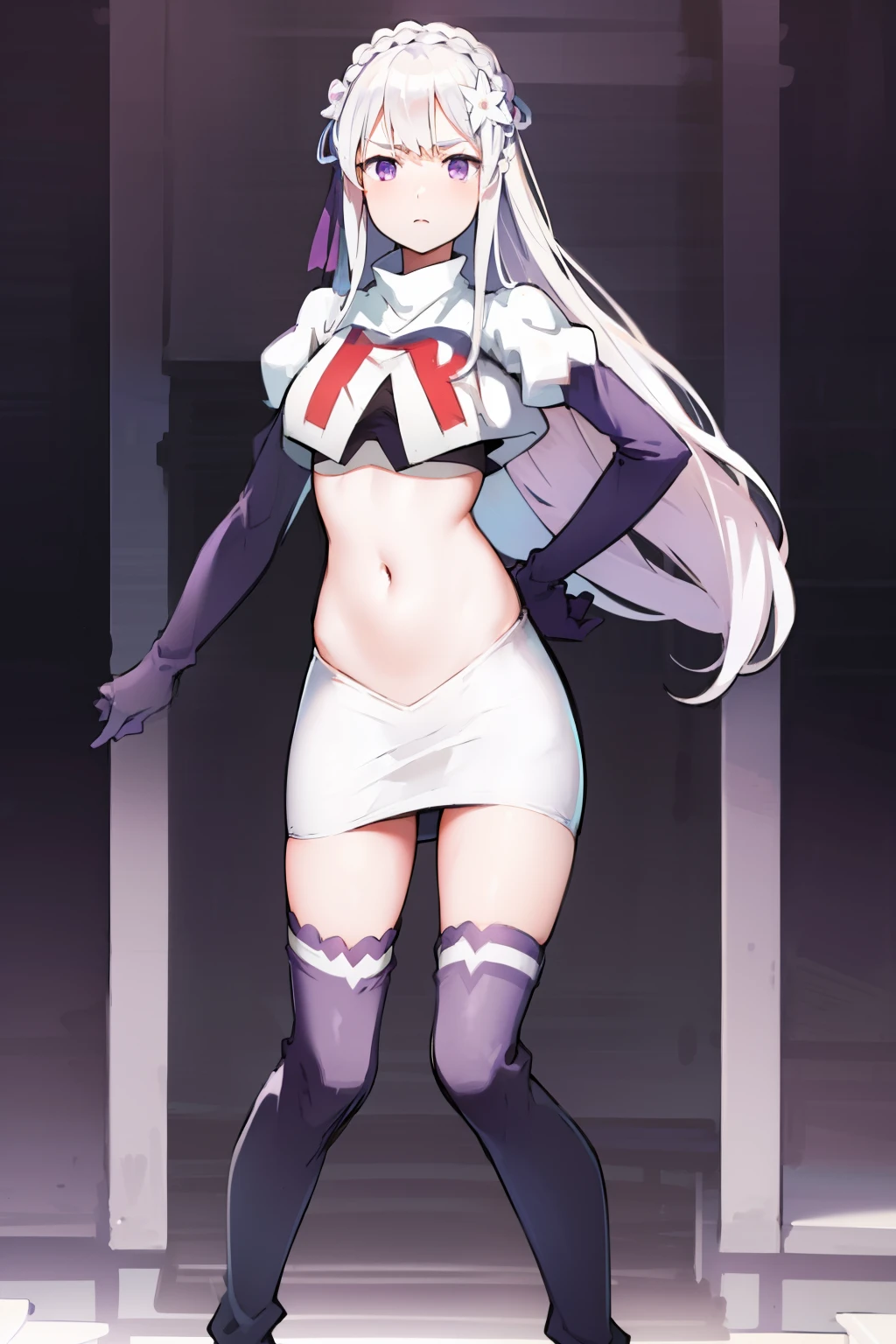 rezeroemilia, emilia, braid, crown braid, flower, hair flower, hair ornament, hair ribbon, long hair, low-tied long hair, (purple eyes:1.2), pointy ears, white flower, x hair ornament,team rocket,team rocket uniform, red letter R, white skirt,crop top,black thigh-high boots,black elbow gloves,