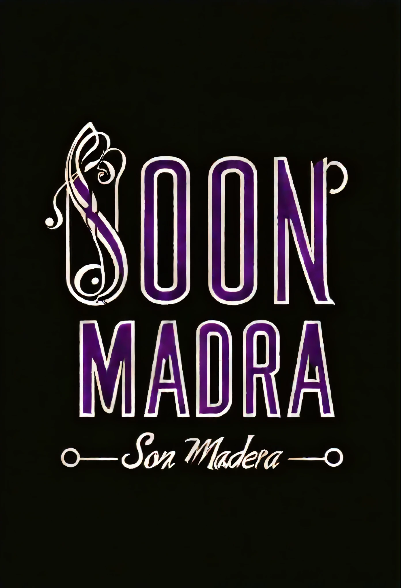 a close up of a logotype that says son y madera on a black background, show musical, banda musical, logo para orquesta musical de salsa, luces moradas, respaldeciente, glow, trompetas, guitarras, banda de musica llamada "son y madera"