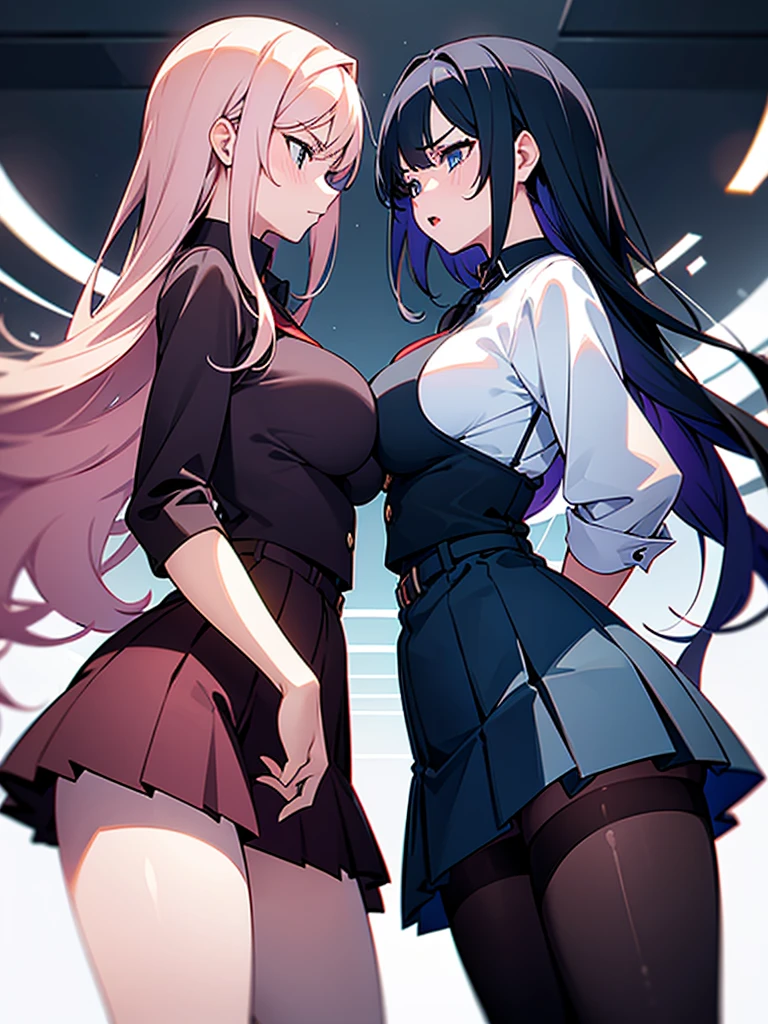 two girls with big boobs pressing their boobs against each other, short skirt and pantyhose, angry at each other, facing each other, view from below
