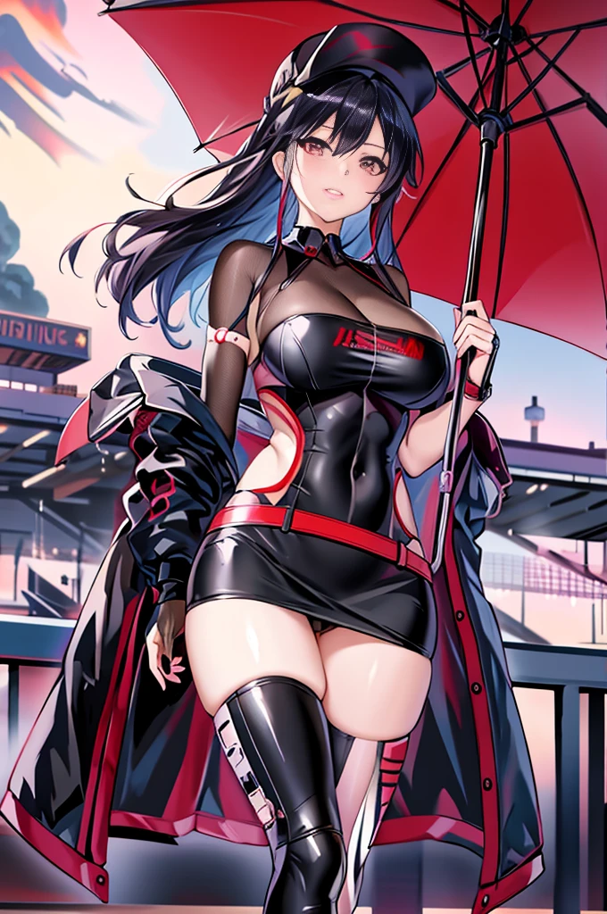 Anime character with umbrella and black clothes on the bridge, from Girl Front, fleet style, finely detailled. Girl Front, of anime girls, best anime 4k konachan wallpapers, Girl Front style, Girl Front cg, azur lane style, Female action anime girl, badass anime 8 k, Highly detailed official artwork, Popular topics on artstation pixiv