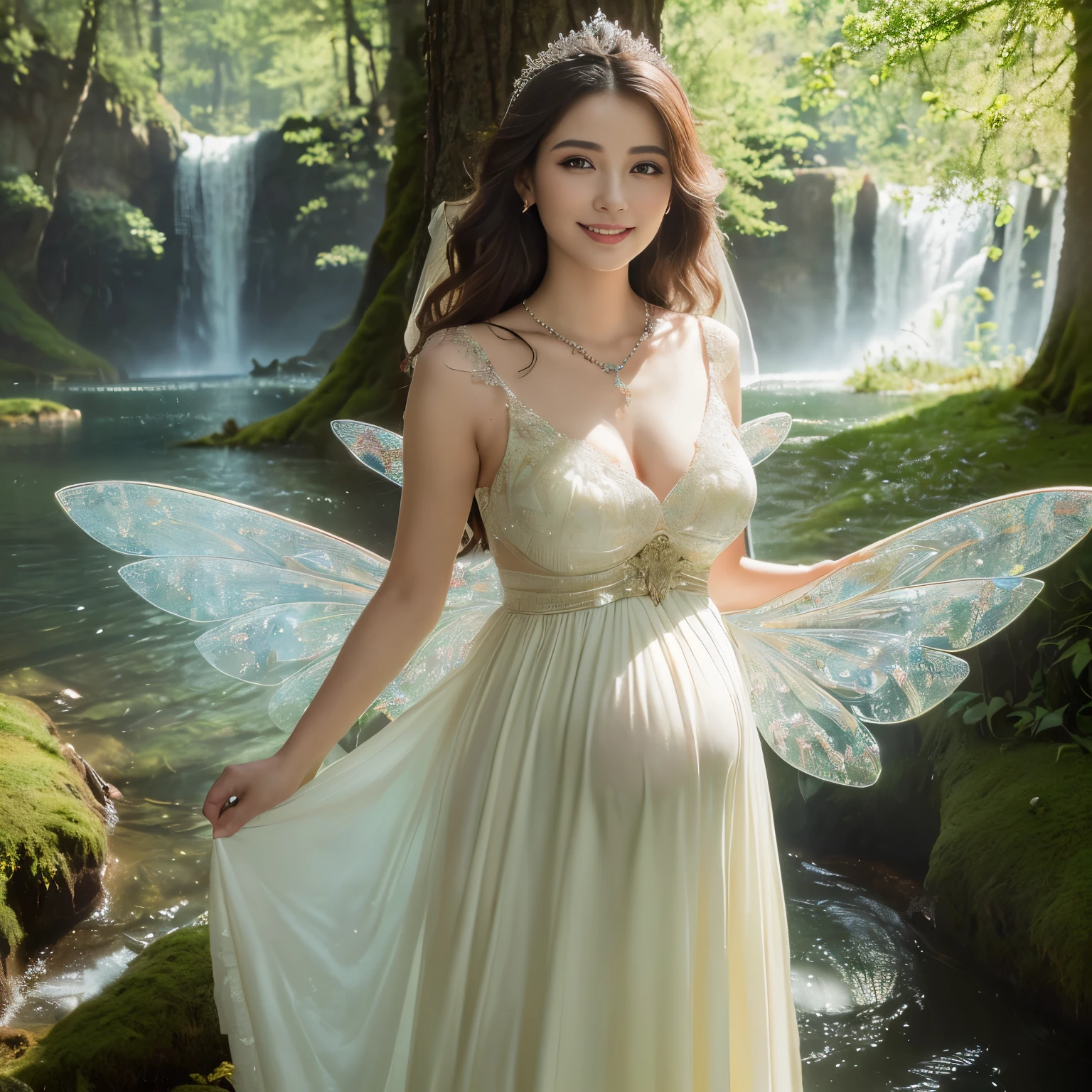 Photo of a gorgeous 20-year-old Finnish fairy wearing (Laurel Decoration Dress:1.2) And (Delicate fairy wings:1.2), Grinning, (looking in camera:1.1), (Sateen:1.1), on forest path:, Proudly standing next to his portate, by Studio Ghibli, masutepiece, Barefoot, (Natural lighting:0.8), 8K, ((Realistic)), F/1.1, , the woods、covering the navel、hiding breast、(Curvaceous)femele(flawless skin:1.11)And(teats:1.1)、A smile、full body Esbian、Beautiful standing figure、