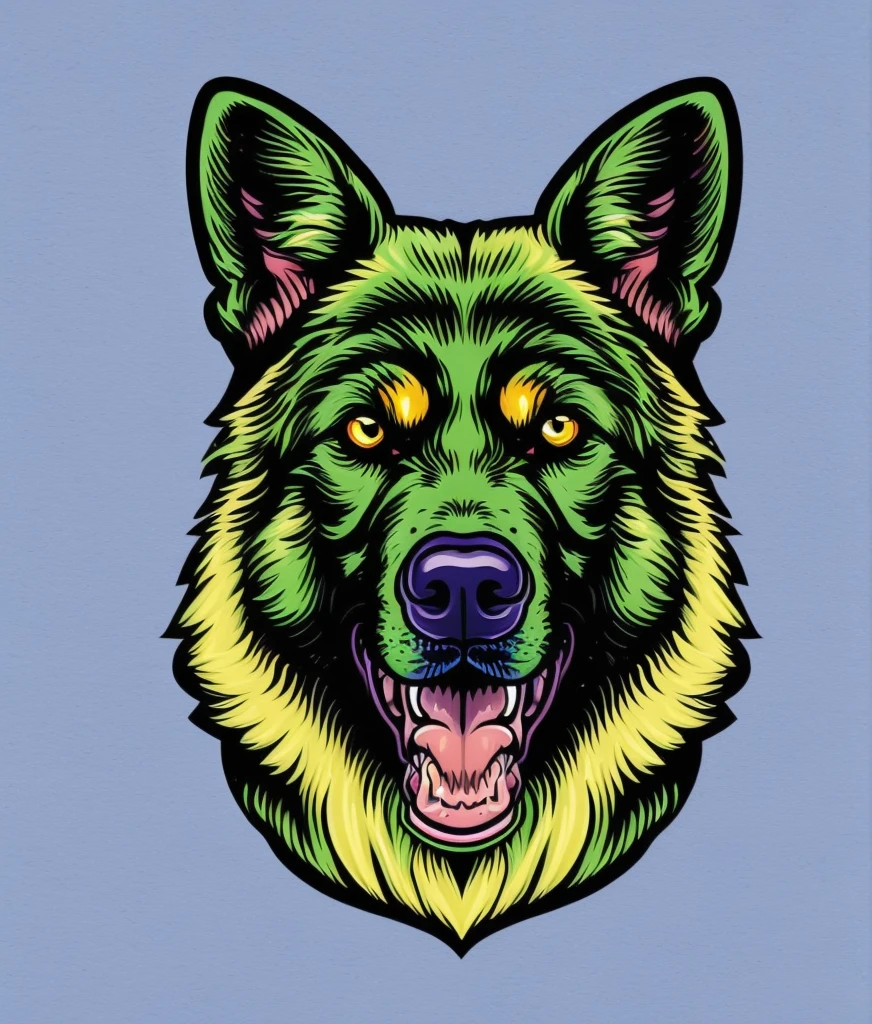 German Shepherd breed dog, colorful, vintage style, (T-shirt design), realistic volumetric light of masterpiece