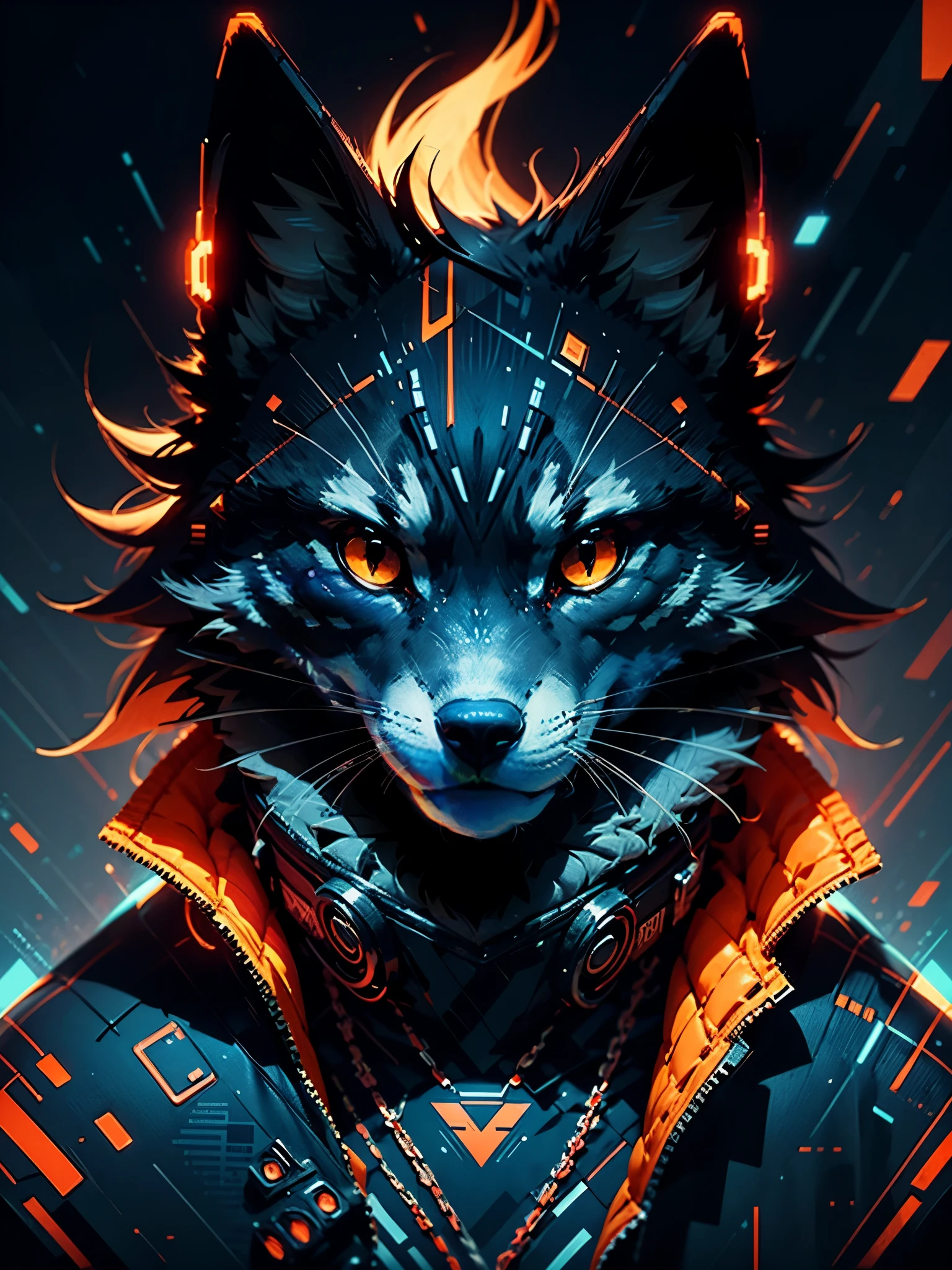 Wolf Cyberpunk Orange and black, detailed background,