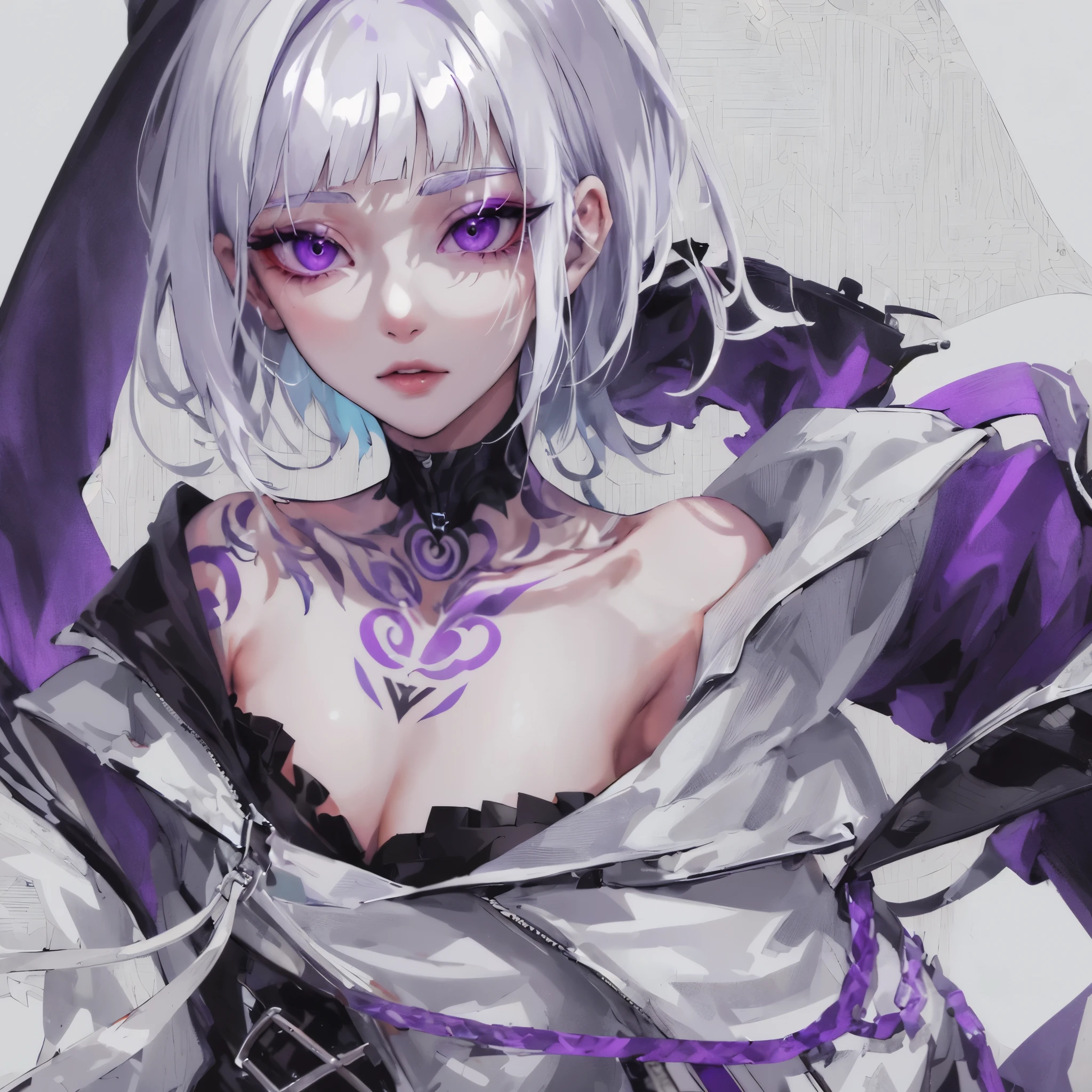 masutepiece, Best Quality, High quality, ultra-detailliert, 1girl in, neck and chest tattoo, very detailed character, White hair, Blunt bangs, Wolfcut, Wolfcut, Bare shoulders, Black inner, White and purple jacket, White background, Looking down, purple gray eyes