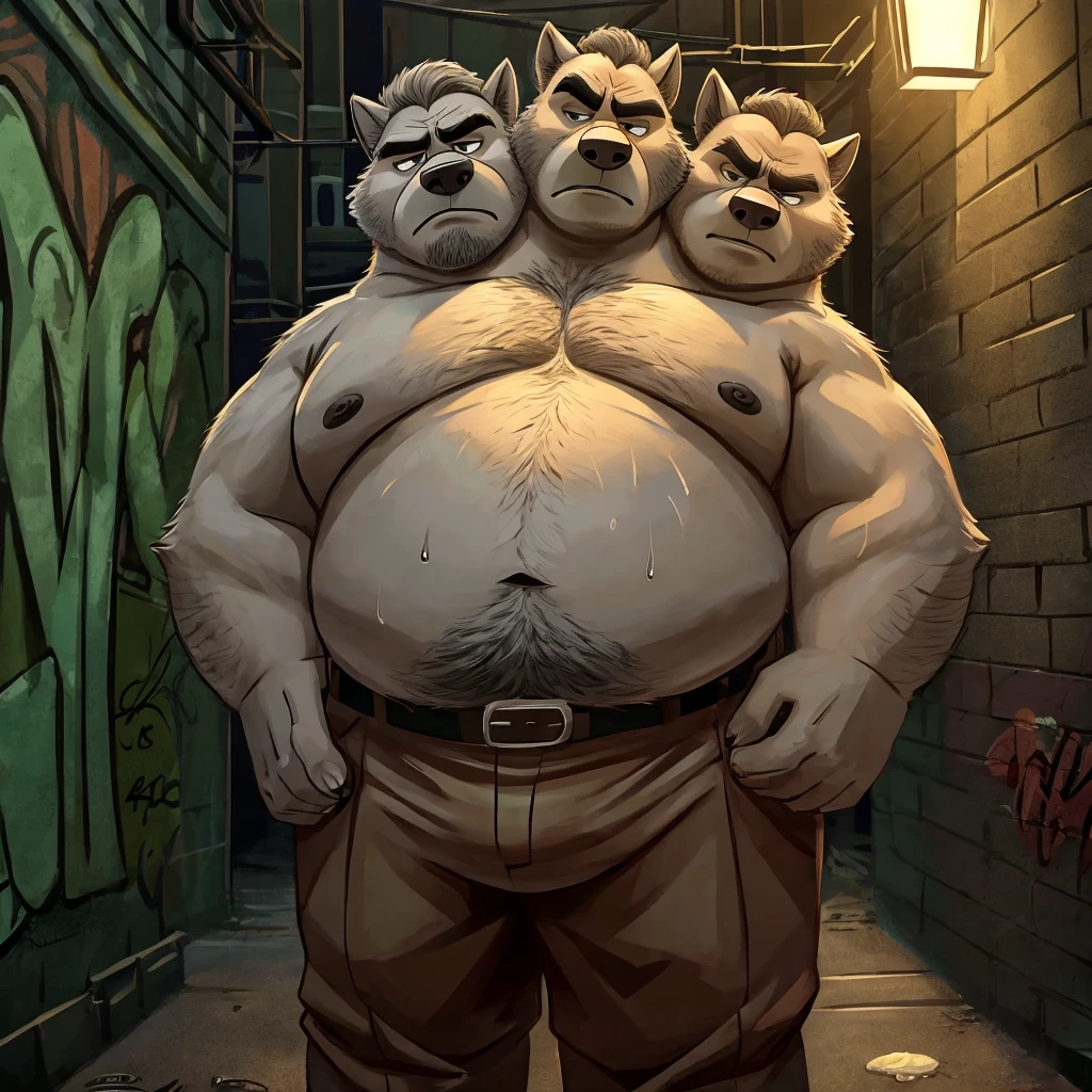 three heads one body, wolf, grumpy, frowning, tired, annoyed, obese, fat, older male, old, dark alley background, streetlight, graffiti, anatomically correct eyes, shirtless, belt, sweaty, gross, hands on hips, green theme, disgusting style, masculine style, Dreamworks style, Pixar style, Disney style, rugged style, dirty style, gray hair, eyes looking down, cheek to cheek, identical