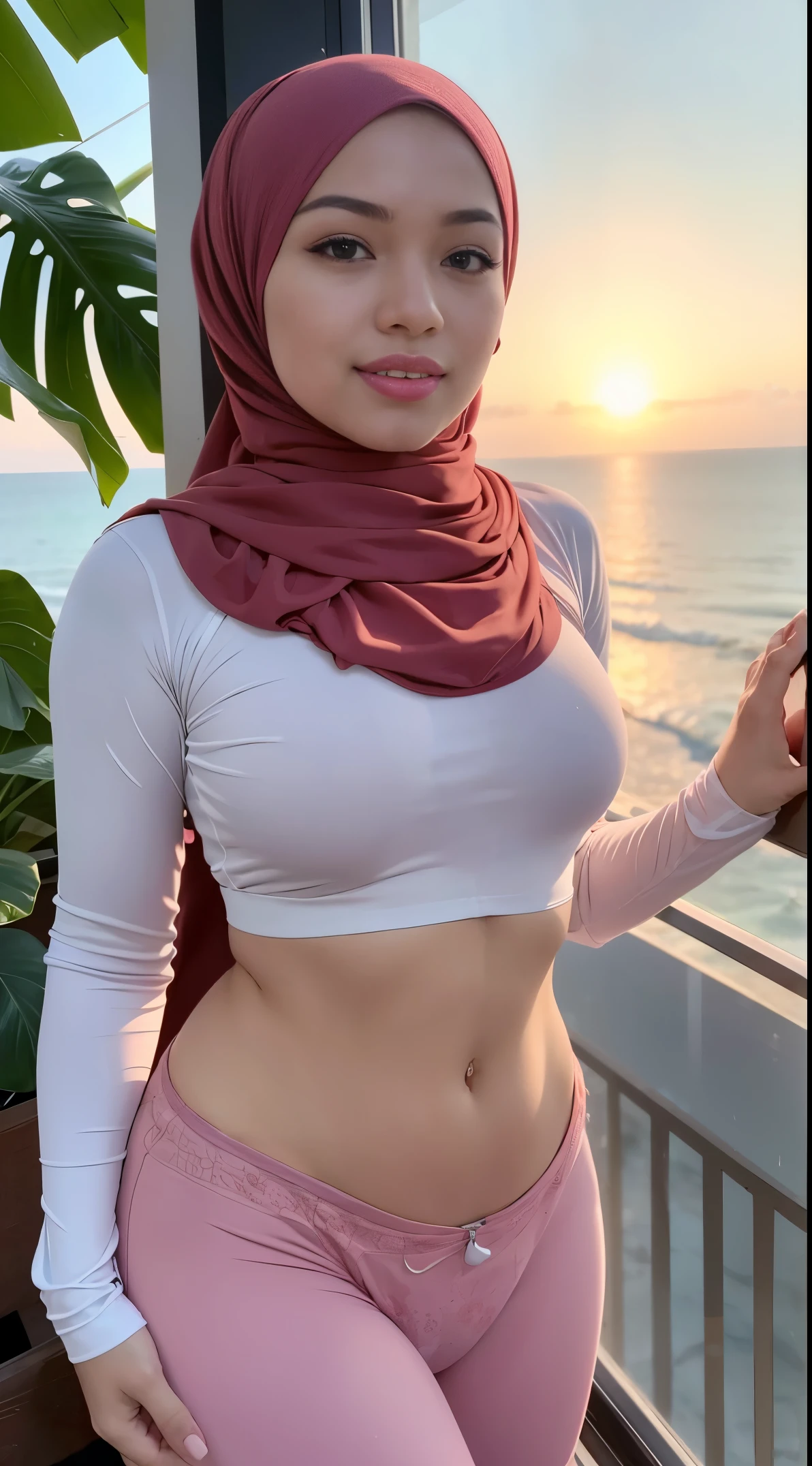 mira filzah sexy seducing pose, sunrise beach, morninira filzah:1.3), wearing hijab, pastel color hijab, red pastel short gym outfit, small tits, small breast, flat chest, wide waist, thick thighs, bright lighting, plum camel toe, wet camel toe, wet, high quality, detail face, 4k, ray lighting,