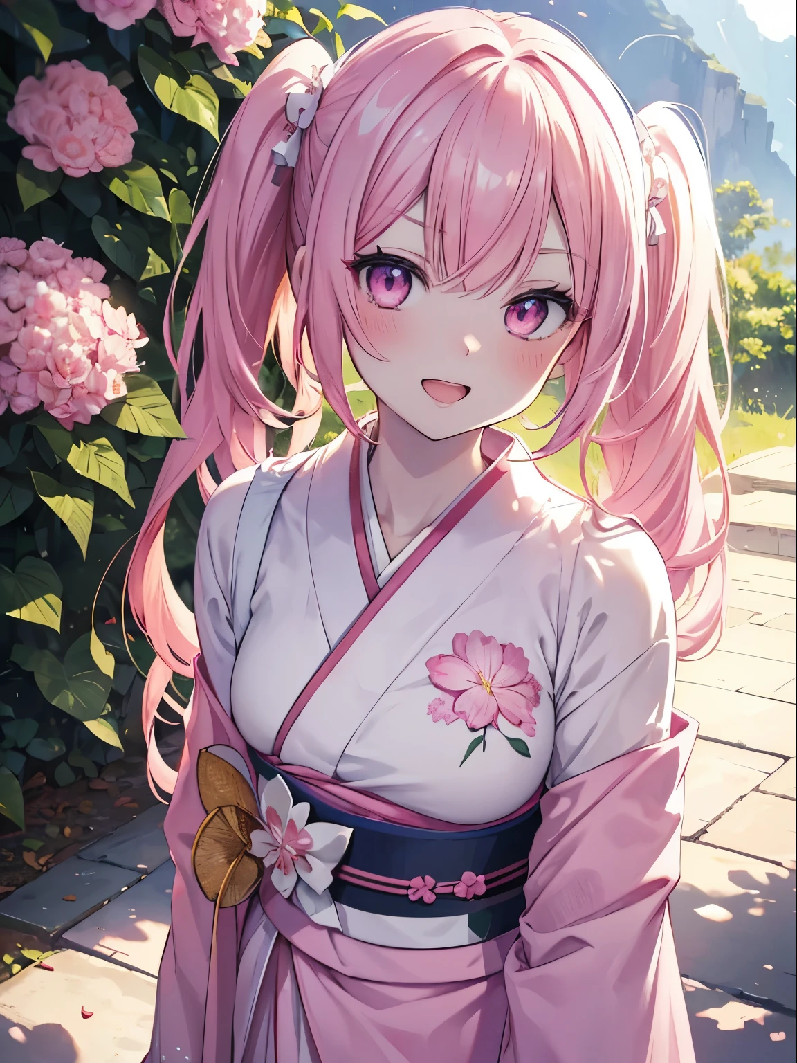 masutepiece, Highest Quality, (Perfect face:1.1), (high detailing:1.1), (ultradetailed eyes), Dramatic, superfine illustration, Extremely detailed,1girl in, (pale skin), Happy, Laugh, Enjoy, Cheerful,Open mouth,gloweyes,pinkhair, (long twintail),Ethereal eyes, pink eye,(light eyebrow),blush, Solo,Pouty lips,Cinematic lighting,cowboyshot,Looking Up,learning forward,From above,PINK Kimono,plein air, simple white backgraund,PINK flower,morning,sunny