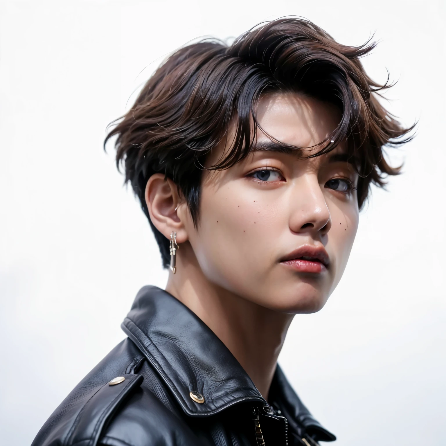 imagem arafada de um homem com uma jaqueta de couro e brincos, Jungkook, Cai Xukun, Jinyoung Canela, Hyung Tae, portrait of kpop idol, Album art, TaeJune Kim, dez lee, solo photoshoot, Artista coreano, por Yang J, foto oficial, Inspirado em Jeonseok Lee, Jovem Anjo Wan, retrato de alta qualidade, fanart oficial