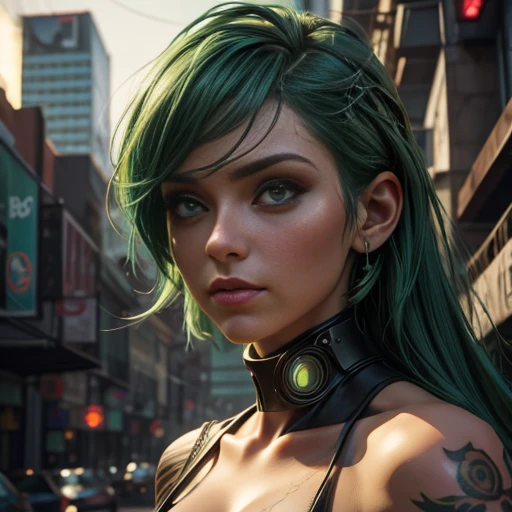 there is a close up of a woman with green hair and tattoos, realistic digital art 4k, realistic digital art 4 k, 4k highly detailed digital art, beautiful cyberpunk girl face, hyperrealistic fantasy art, 8 k realistic digital art, beautiful digital artwork, ultra realistic concept art, 4k detailed digital art, stunning anime face portrait, highly realistic digital art