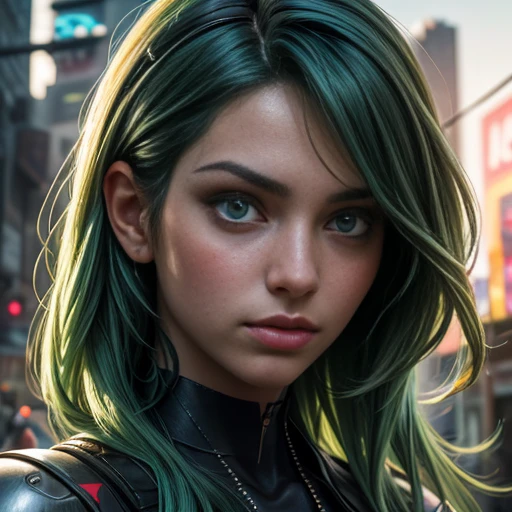 there is a close up of a woman with green hair and tattoos, realistic digital art 4k, realistic digital art 4 k, 4k highly detailed digital art, beautiful cyberpunk girl face, hyperrealistic fantasy art, 8 k realistic digital art, beautiful digital artwork, ultra realistic concept art, 4k detailed digital art, stunning anime face portrait, highly realistic digital art