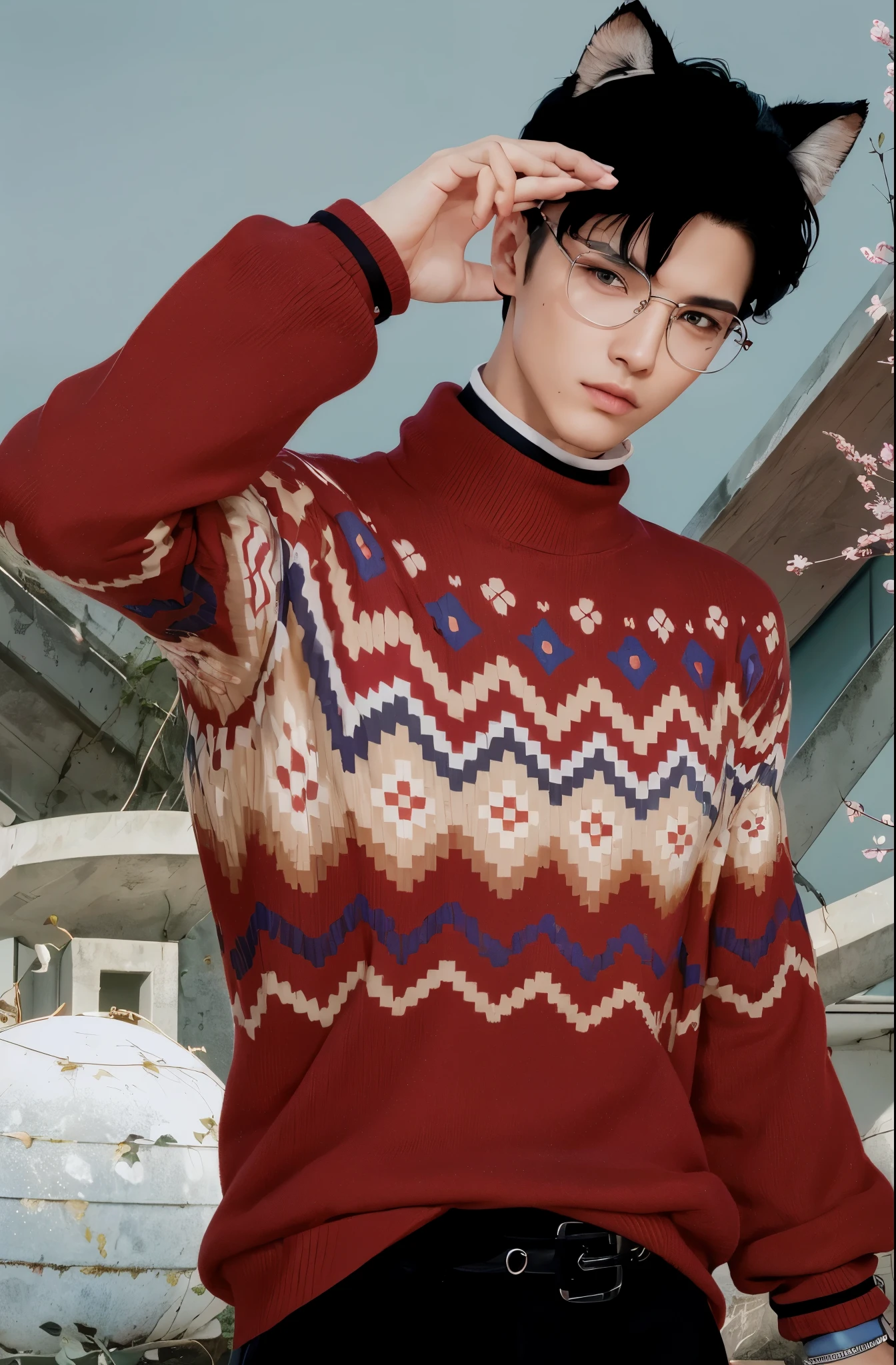 Photorealistic a standing young man, stunningly beautiful, black cat ear, round glasses with silver frame, wearing a red turtleneck sweater, round glasses with silver frame, (top-quality, 8K, 32K, masterpiece, nffsw:1.3), A high resolution, (Photorealsitic:1.4), Raw photography, Detailed face, Beautiful curtain black hair, ((young man style)), Black long pants, Natural makeup, Perfect Lighting, depth of fields, Beautiful shadow gradient,